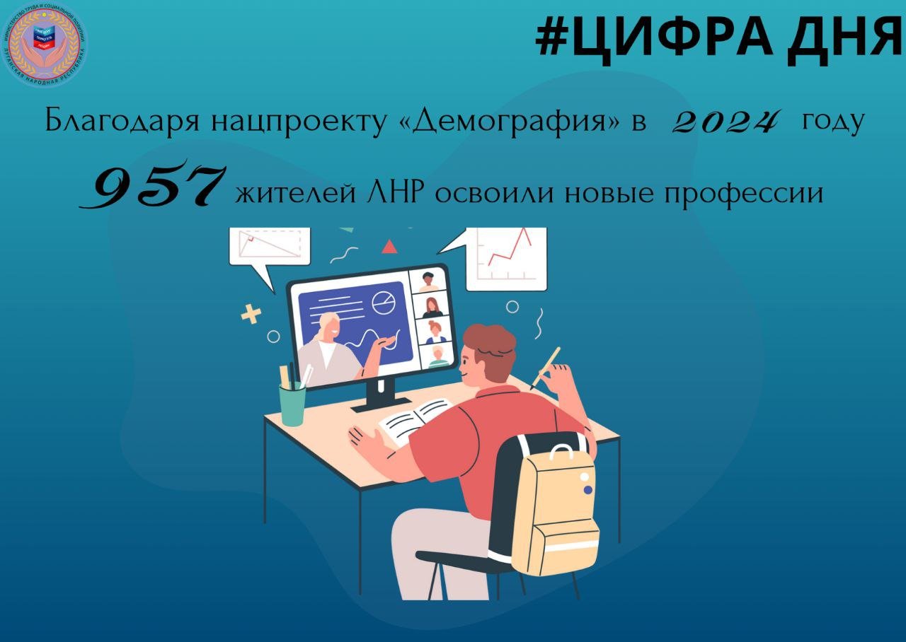 Благодаря нацпроекту «Демография» в 2024 году 957 жителей ЛНР освоили новые профессии    В 2024 году Республиканским Центром занятости населения Луганской Народной Республики была проведена работа по организации профессионального обучения и дополнительного профессионального образования отдельных категорий граждан в рамках федерального проекта «Содействие занятости» национального проекта «Демография»: 957 жителей  Республики получили новую профессию.   Востребованными направлениями стали программы переподготовки по следующим профессиям: сварщик, оператор станков с ЧПУ, оператор котельной, социальный работник, сестринское дело, информационные технологии, бухгалтерия, охрана труда на предприятии, контроль и управление государственными и муниципальными закупкам.  МИНТРУД ЛНР