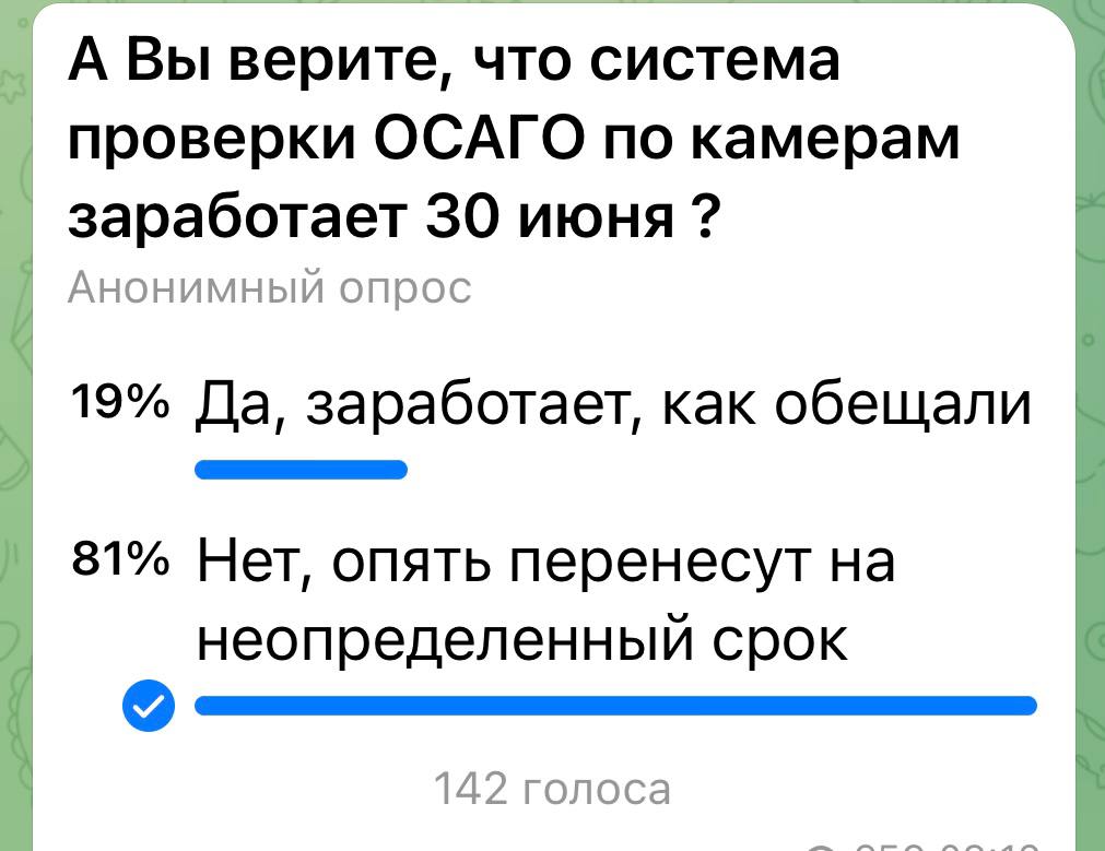 Согласно нашего опроса 81% не верили в обещания и вот …. «Систему проверки ОСАГО через камеры опять отложили и запустят к 1 января 2026 г.» РСА планирует быстро завершить эксперимент по проверке наличия полиса ОСАГО с помощью камер видеофиксации, чтобы эта система заработала на постоянной основе уже в 2026 г. Об этом заявил глава РСА Евгений Уфимцев. «Мы надеемся, что... к 1 января 2026 г. камеры заработают уже прямо на штрафы, а не на просто информирование и освещение этой ситуации», — подчеркнул он. Галина Робертовна - Специалист по страхованию