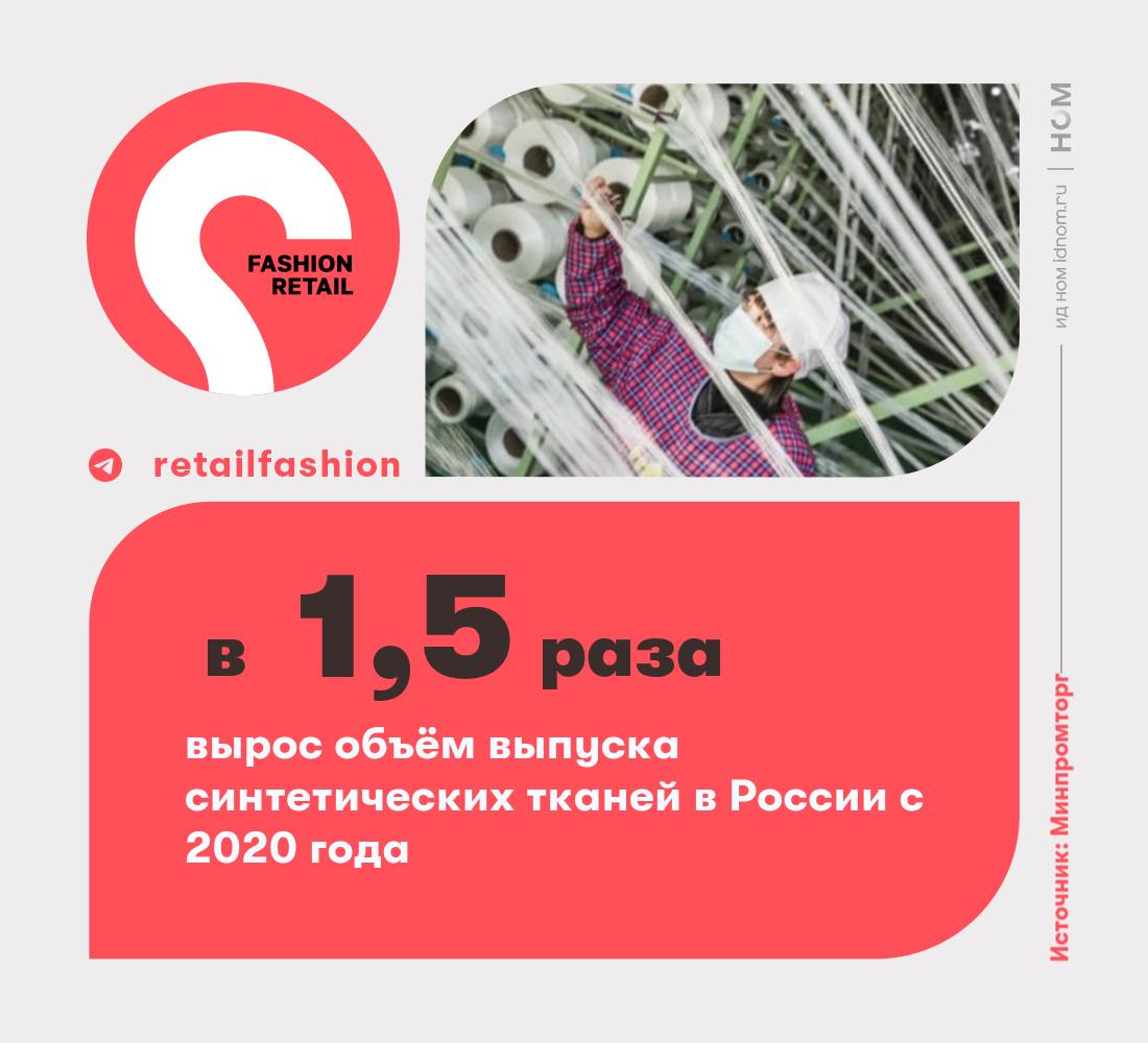 В России в 1,5 раза вырос выпуск синтетических тканей – Минпромторг  Министерство делает акцент на развитии производства высокотехнологичных тканей из синтетических и искусственных волокон, об этом заявил министр промышленности и торговли РФ Антон Алиханов.  За 3 года, по его словам, число брендов одежды и обуви увеличилось на 18%. Если вы хотели получить поддержку, то министр заявил, что готовы активно продвигать и поддерживать индустрию, которая вдохновляется народными промыслами, на различных площадках.  По поводу синтетических предприятий, из последних, кто расширился – «Химволокно» в г. Серпухов открыла новый цех по производству материалов и синтетических нитей для оборонно-промышленного комплекса. Россия остается лидером в производстве синтетических тканей среди стран СНГ, говорили в Минпромторге в прошлом году.  ™  Fashion retail