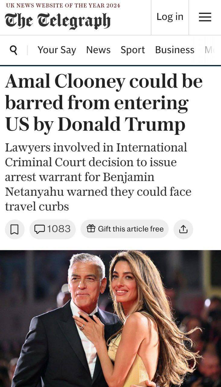 США хотят ввести запрет на въезд жены Джорджа Клуни The Telegraph сообщает, что Амаль Клуни, адвокату по правам человека и жене голливудского актера Джорджа Клуни, может грозить запрет на въезд в США. Причиной стало ее участие в экспертной группе Международного уголовного суда МУС , которая рекомендовала выдать ордера на арест премьер-министра Израиля Биньямина Нетаньяху и министра обороны Йоава Галанта за предполагаемые военные преступления в секторе Газа.