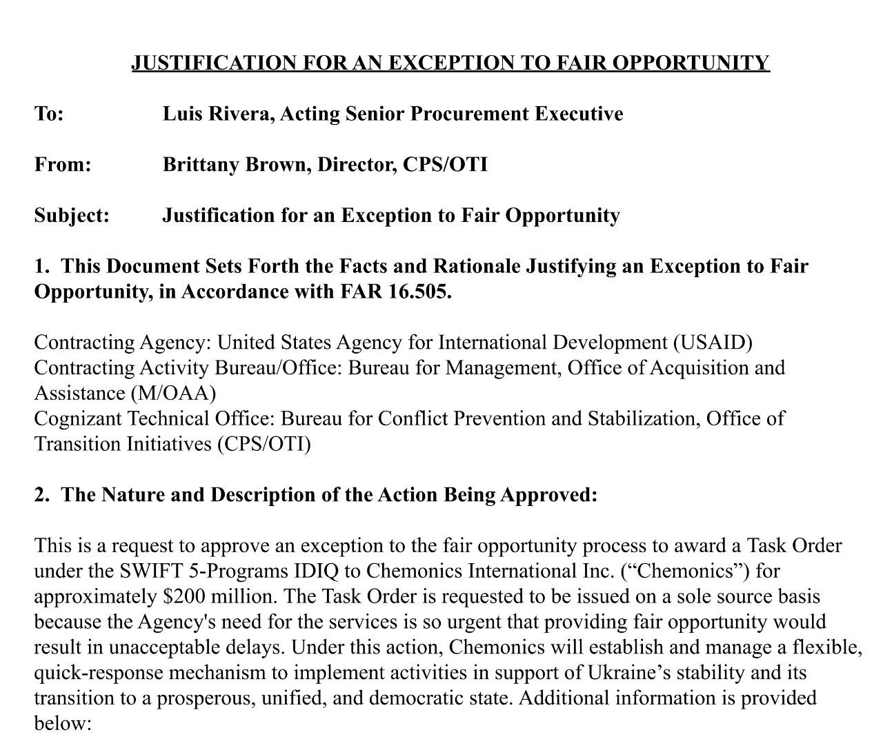 На хохлах USAID, разумеется, тоже пилил.  Тут док от 17 февраля 2022 года, в котором даётся обоснование выбора контрагента  компания Chemonics  в обход конкурсной процедуры для оказания срочной гуманитарной помощи хохлам. По задумке Chemonics должна получить $200 млн на гуманитарные миссии на Украине и противодействие российской пропаганды в свете неминуемого наступления российских войск. Это за неделю до СВО они готовились.  USAID в этом документе также публичил вполне себе разведданные: что Россия нарастила численность военной группировки до 100,000 у северной и восточной границы свиносовхоза. Также любопытно: USAID оценивал число потенциальных жертв среди гражданских хохлов в 50,000 в случае начала конфликта. И примерно 5 млн человек, согласно прикидкам, лишились бы домов или мигрировали, в том числе за пределы страны.  Chemonics также "Белые каски" в Сирии поддерживала, если кто ещё помнит таких ластоногих глиномесов.  [Орда] - родная, злобная, твоя