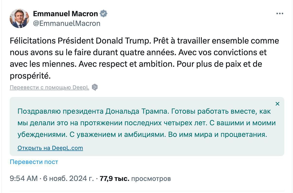 Макрон уже поздравил Трампа с победой на выборах  "Поздравляю президента Дональда Трампа. Готовы работать вместе, как мы уже делали это на протяжении 4 лет. С уважением и амбициями, для общего мира и процветания", - сказал он.