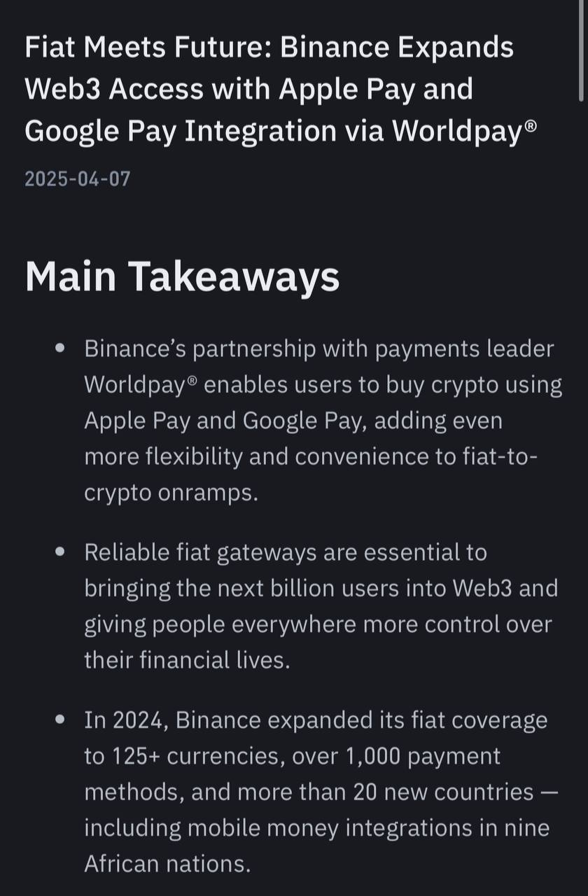Партнерство Binance с лидером платежей Worldpay® позволяет пользователям покупать криптовалюту с помощью Apple Pay и Google Pay, добавляя еще большую гибкость и удобство в фиатные криптовалютные онрампы.  Надежные фиатные шлюзы необходимы для привлечения следующего миллиарда пользователей в Web3 и предоставления людям во всем мире большего контроля над своей финансовой жизнью.  В 2024 году Binance расширила свой фиатный охват до более чем 125 валют, более 1000 способов оплаты и более чем 20 новых стран, включая интеграцию мобильных денег в девяти африканских странах.  CRYPTO HUNTER$