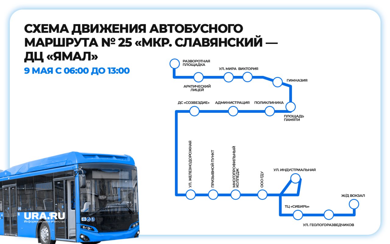 Схема движения общественного транспорта изменится в Новом Уренгое В связи с проведением праздничных мероприятий, приуроченных ко Дню Победы, 9 мая в Новом Уренгое будут временно изменены схемы движения ряда маршрутов общественного транспорта. Это связано с необходимостью обеспечения безопасности участников и гостей торжеств, а также беспрепятственного проведения парада и других массовых мероприятий. Подписаться Прислать новость Дать «буст»