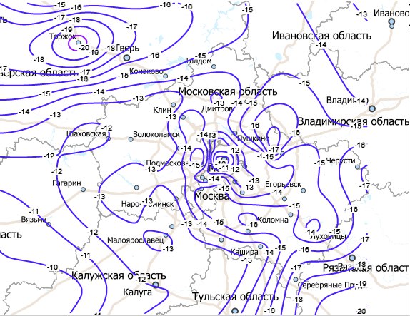 Минимальная  температура воздуха в центре Европейской России ночью 18 февраля оказалась ниже -20 градусов. Как видно на карте, ядро холода сформировалось над Тверской областью, в Торжке в 4 утра  было -20,4 градуса. В Москве, на ВДНХ, минимальная температура воздуха составила -11 градусов, по области до -15,5 градуса усиливался мороз в Коломне. Прошедшая ночь в столичном регионе оказалась менее морозной, чем накануне. И это подтверждает, что пик зимних холодов завершен.