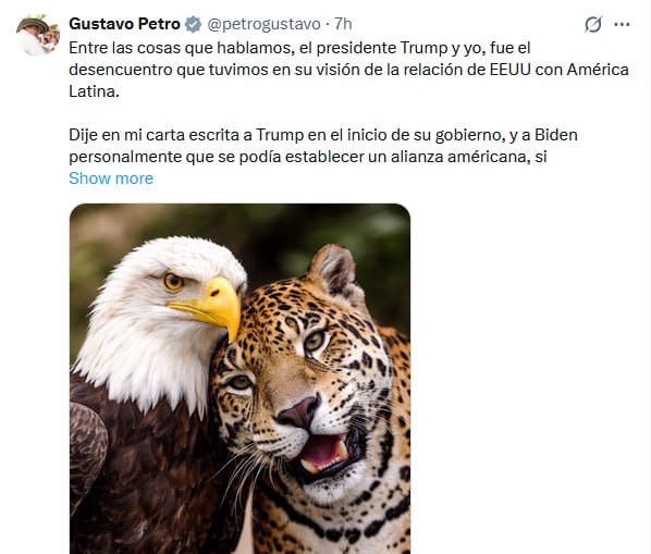 Густаво Петро после разговора с Трампом написал что эксплуатация Латинской Америки ради нефти приведет лишь к разрушению международного права варварству и третьей мировой войне Он призвал США к миру и глобальной демократии К своему посту президент Колумбии приложил совместное фото орлана и леопарда мирно прижавшихся друг к другу Подписаться на РИА Новости