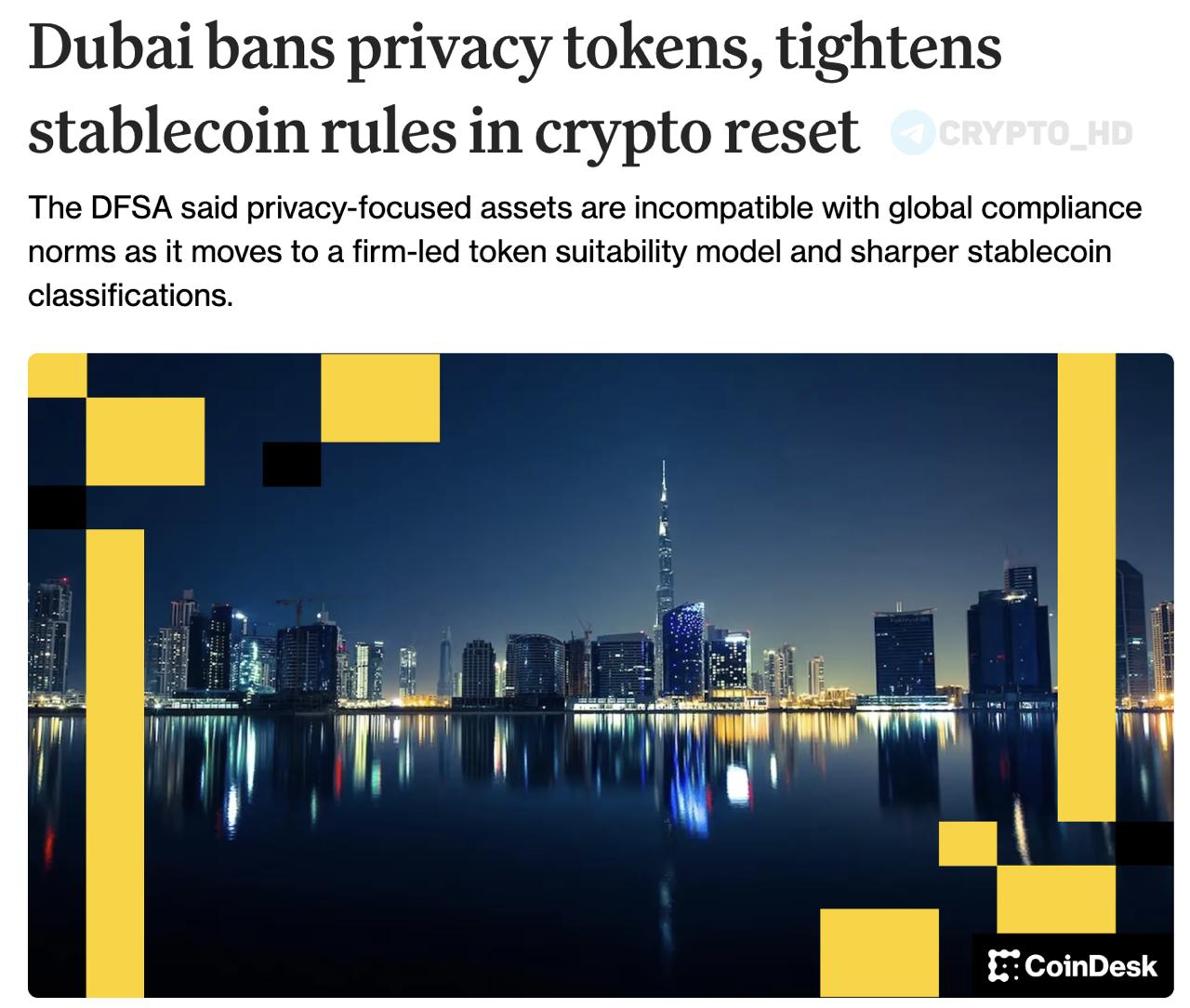 В Дубае запретили приватные токены Финансовый регулятор страны ввел запрет на использование конфиденциальных крипто сервисов в Международном финансовом центре Дубая Под запрет попали Приватные криптовалюты и инструменты анонимизации Любые операции с ними включая торговлю рекламу фонды и деривативы Причина несовместимость с требованиями по AML и санкционному комплаенсу анонимные транзакции не позволяют идентифицировать отправителя и получателя Crypto Headlines