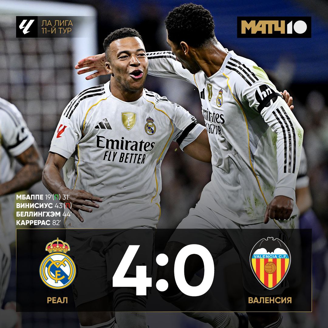 Реал нанёс поражение Валенсии Сливочные продлили победную серию выиграть позволил дубль Мбаппе и голы Беллингхэма и Каррераса он забил дебютный за команду news matchtv