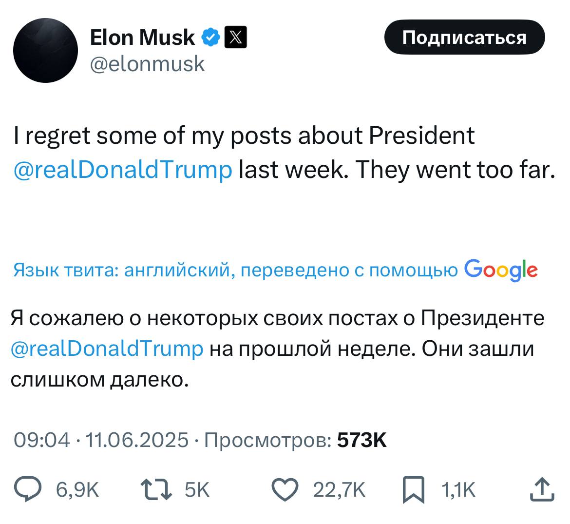 Илон Маск извинился за свои негативные посты о Трампе.