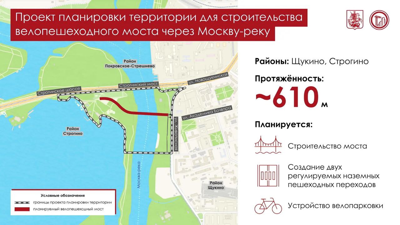 Новый велопешеходный мост соединит Живописную улицу с Щукинском полуостровом Он улучшит доступность популярных городских пляжей для более чем 80 тысяч жителей позволит создать дополнительные пеший и велосипедный маршруты между районами Щукино и Строгино Также по проекту построят два регулируемых наземных пешеходных перехода через Живописную улицу рассказал Сергей Собянин Эти решения позволят сократить путь к природной зоне от 15 до 30 минут по сравнению с использованием наземного транспорта Для желающих прогуляться по Щукинскому полуострову сделают велопарковку у въезда на мост Агентство Москва в Max