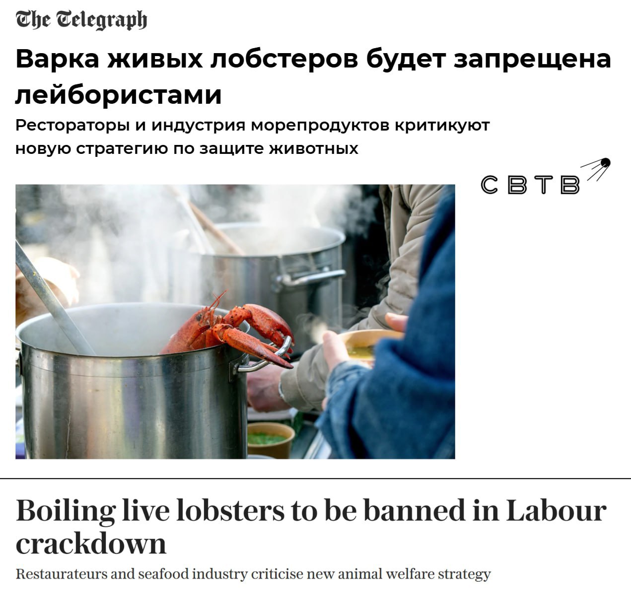 Лейбористское правительство Британии запретит варить живых раков лобстеров и крабов в ресторанах The Telegraph Как сообщает издание решение последует за публикацией стратегии защиты животных была обнародованной в пятницу В основе последней лежит принятый закон согласно которому морские беспозвоночные были признаны существами способными испытывать чувства Не до конца ясно каким образом бюрократы будут регулировать действия ресторанов и кафе По мнению представителей индустрии владельцы заведений просто начнут закупать замороженные продукты чтобы не сталкиваться с лишним давлением со стороны государства В ноябре стало известно что британская дочка государственной электроэнергетической компании Франции потратила 700 миллионов на строительство гуманной системы охлаждения АЭС от которой не будет страдать лосось Задонатить через бота Patreon