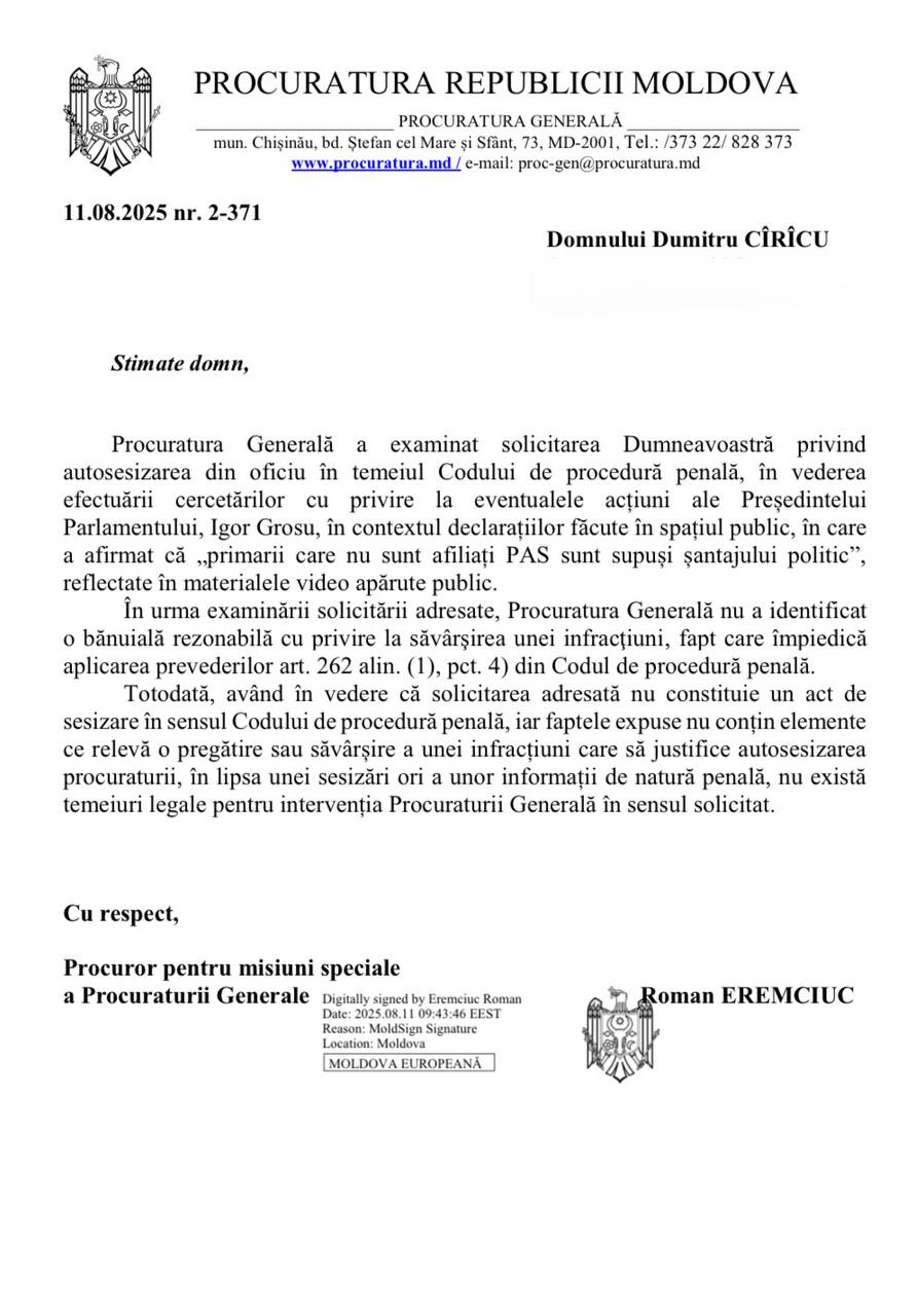 Да что вы знаете о двойных стандартах!  Генпрокуратура Молдовы отказалась возбуждать дело по ряду высказываний спикера парламента Игоря НеИвановича Гросу по поводу мэров.  Напомним, Гросу признался, что перед вторым туром президентских выборов в 2024 году партия поручила ему, пользуясь его положением, обзвонить мэров городов и сёл Молдовы, чтобы обеспечить голоса для Майи Санду.   В итоге Гнпрокуратура сослалась на отсутствие обоснованных подозрений в совершении преступления и правовых оснований для вмешательства.  ‼ Напомним, "дело Гуцул" практически полностью соткано из косвенных показаний людей, большая часть которых ее в глаза не видела.