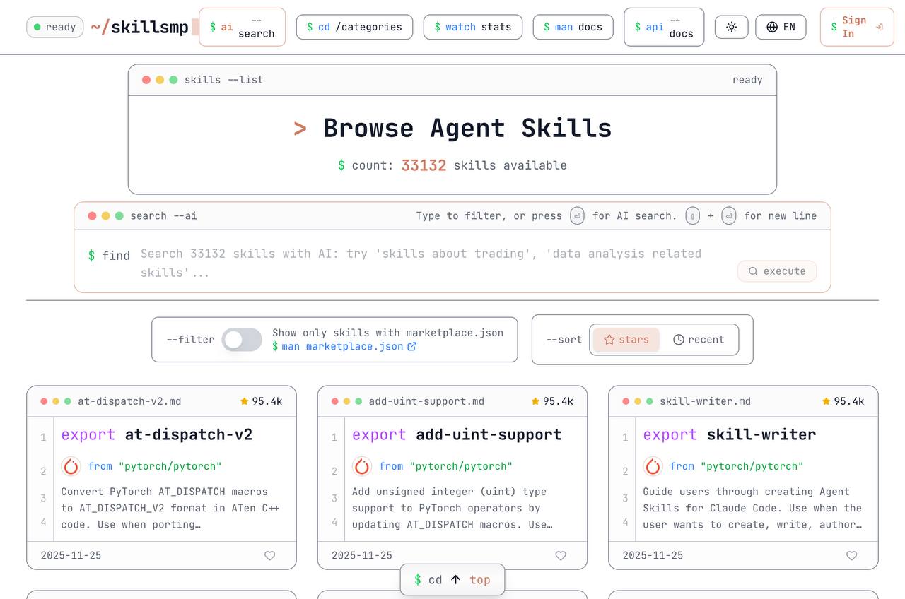 Появилась гигантская база 33 тысяч скиллов для Claude Code Codex и ChatGPT они наделяют агентов новыми навыками автоматизации разработки исследования и так далее Есть удобный поиск по каталогу и фильтры по звёздам а у каждого скилла своя карточка инструкция и ссылка на репозиторий GitHub с открытым исходным кодом Прокачиваем своих кодинг агентов в разы тут notboring tech