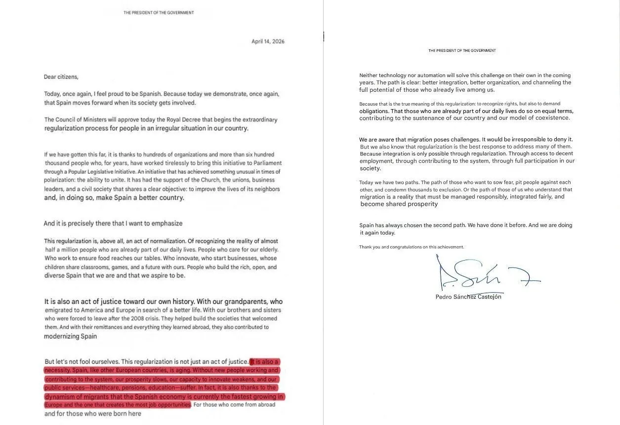 Премьер министр Испании Санчес объявил что легализация более 500 000 мигрантов будет одобрена сегодня называя это актом справедливости и сравнивая сегодняшних мигрантов с нашими бабушками и дедушками которые эмигрировали в США и Европу в поисках лучшей жизни и заявляя что это необходимо потому что Испания как и другие европейские страны стареет Без новых людей работающих и вносящих свой вклад в систему наше процветание замедляется Новости и события в MAX