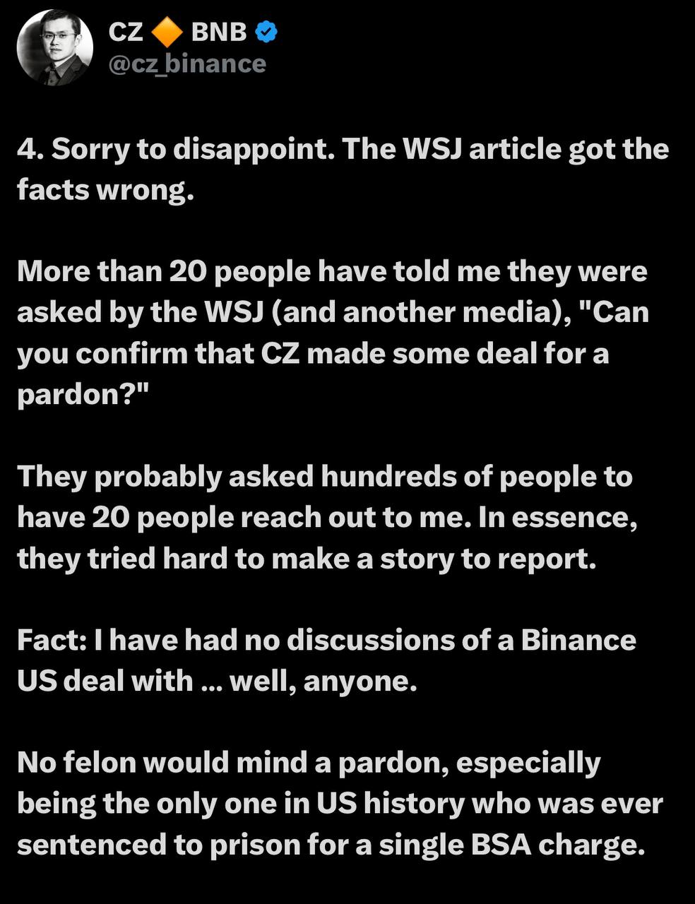 CZ опроверг эту информацию  Он сказала, что заявление о сделке Трампа с Binance ложное, и они никогда не вели разговор об этом с кем либо