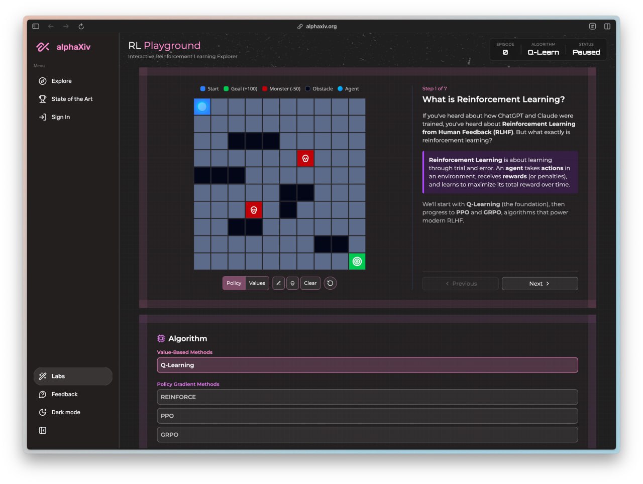 Вышел интерактивный тренажер по разным алгоритмам обучения нейронок RL Playground от AlphaXiv Наглядно показывают как модели учатся принимать решения при обучении с подкреплением Можно добавлять препятствия на пути агента и смотреть как они влияют на тренировку агента Изучаем здесь
