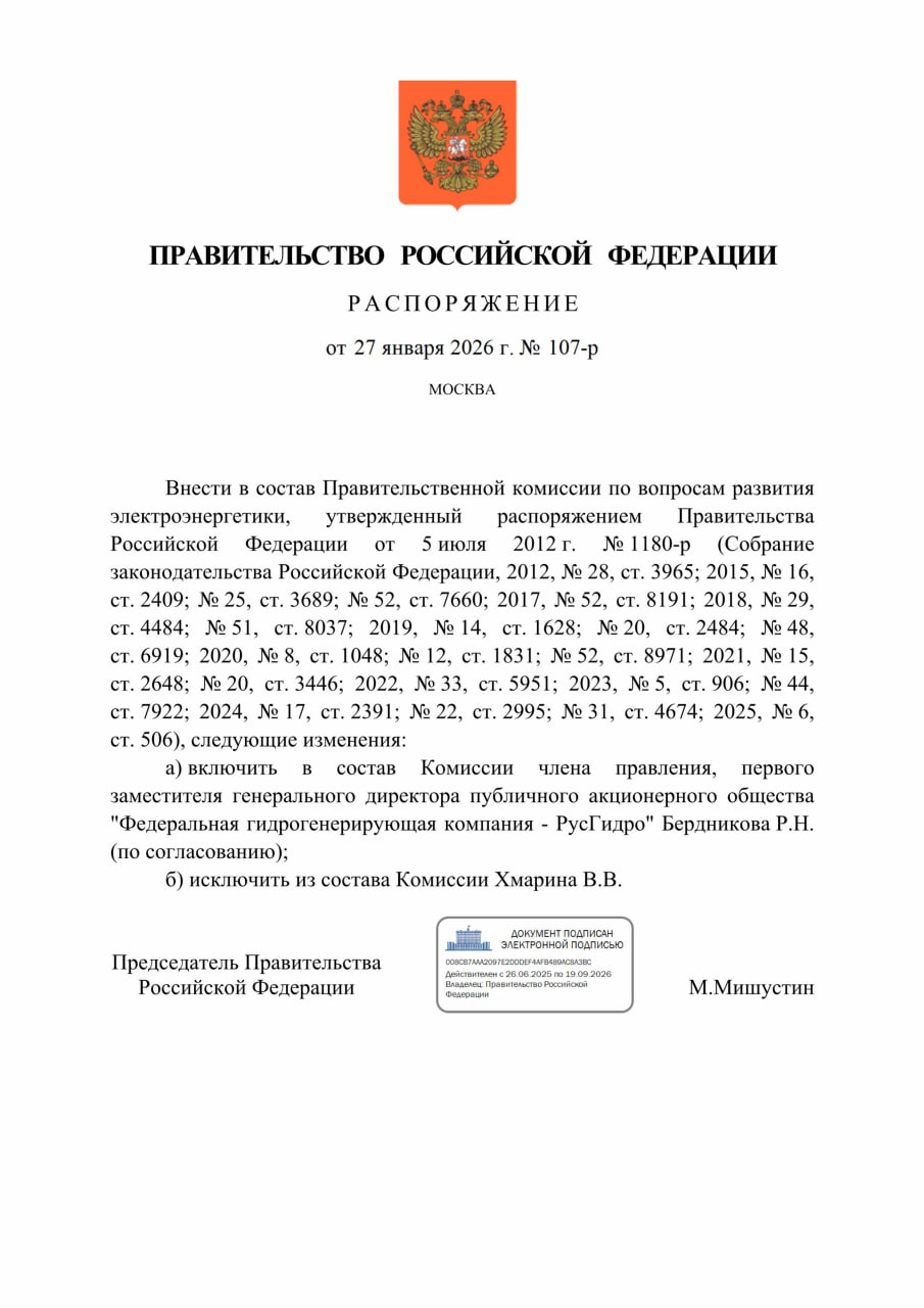 В правкомиссию по электроэнергетике вместо главы РусГидро Виктора Хмарина включен его первый зам Роман Бердников