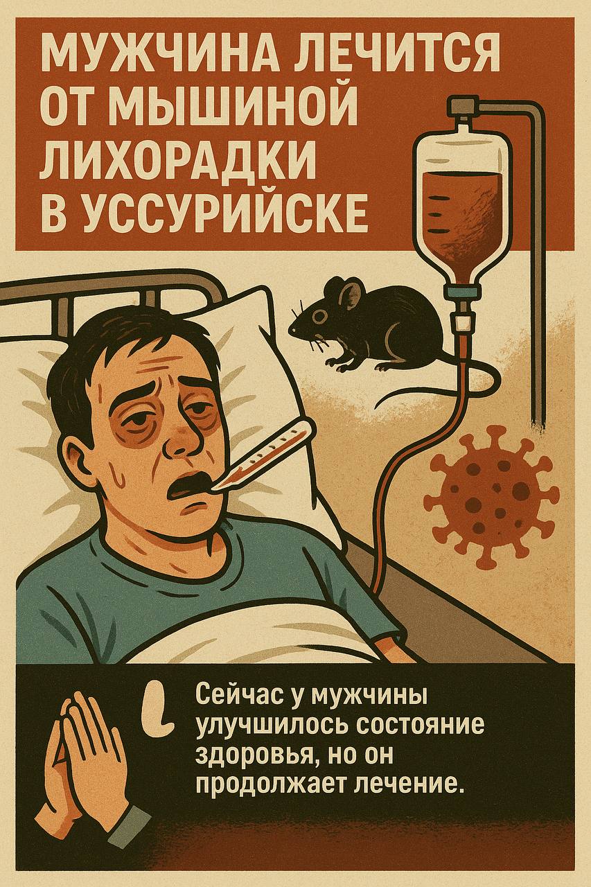 Мужчина лечится от мышиной лихорадки в Уссурийске  Пациента с температурой тела в 41 градус, головной болю и отеками глаз привезли в уссурийскую городскую больницу в конце июня.   После сбора анализов врачи выяснили, что работает мужчина охранником на предприятии, а живет в рабочем вагончике, где бегают мыши.   У пациента обнаружили геморрагическая лихорадка с почечным синдромом.   Благодаря вовремя начатому лечению, удалось избежать тяжелых последствий и осложнений.   Сейчас у мужчины улучшилось состояние здоровья, но он продолжает лечение.   Прислать новость:     Наш Чат