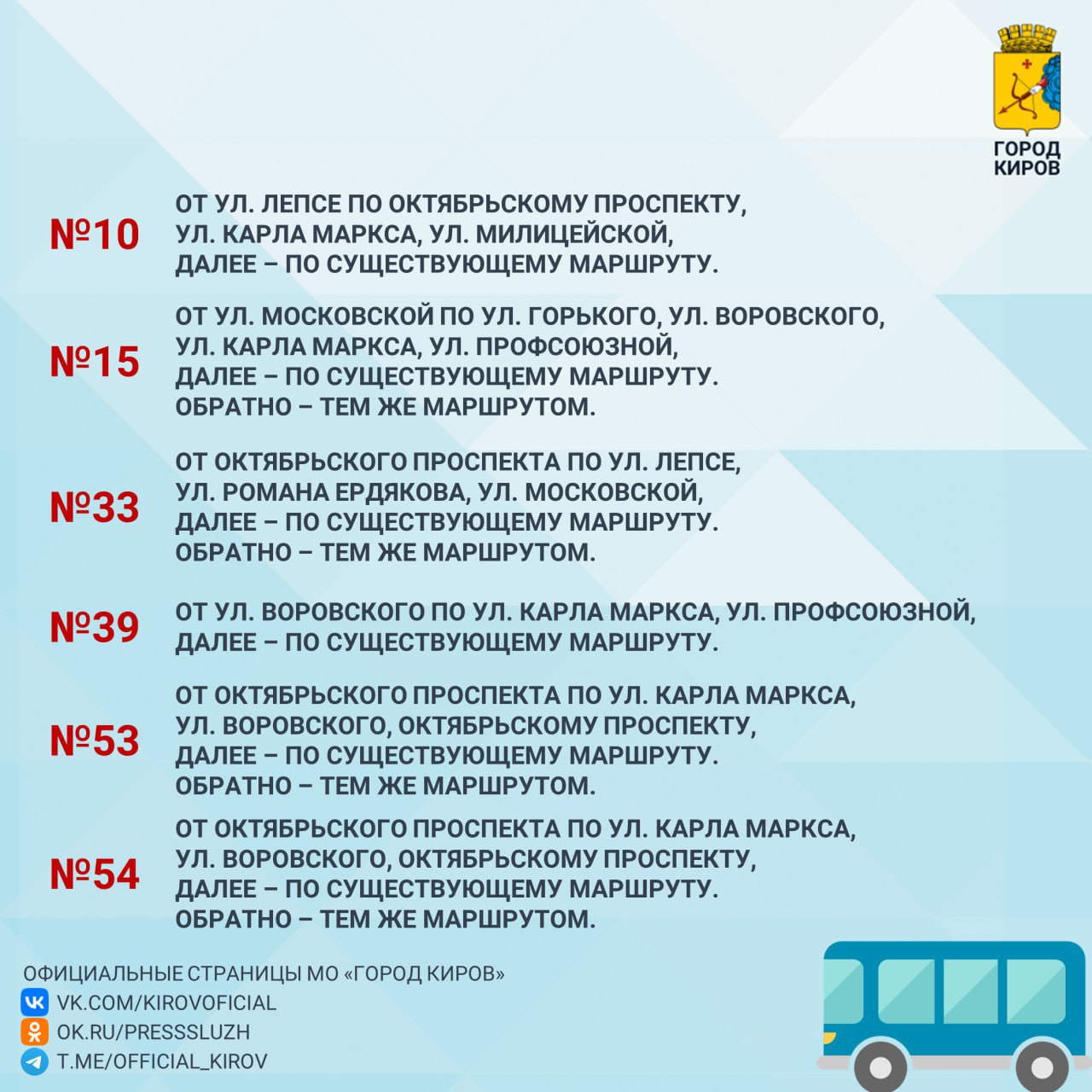 17 мая в Кирове пройдет легкоатлетическая эстафета, посвященная 80-летию Победы в Великой Отечественной войне и открытию летнего спортивного сезона. Маршрут пройдет от Театральной площади до памятника «Кировчане - фронту» и обратно. В забеге примут участие более 1,5 тыс. человек. С 7.00 до 12.30 полностью перекроют движение транспорта по Дерендяева от Московской до Преображенской и по Октябрьскому проспекту от Преображенской до Профсоюзной. Изменится ряд автобусных и троллейбусных маршрутов.