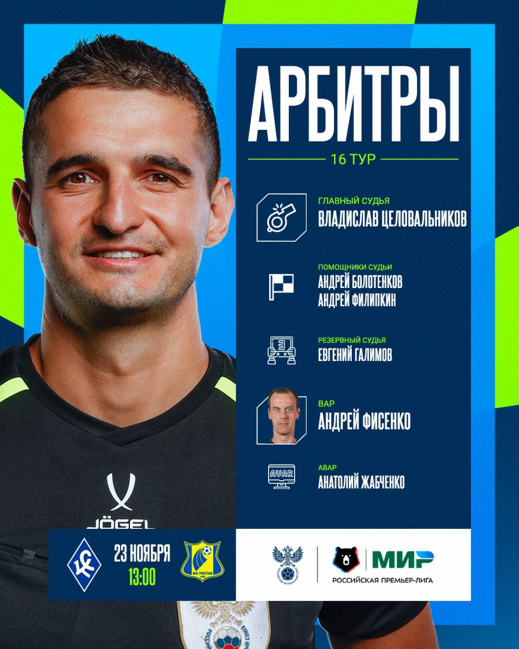 Владислав Целовальников главный арбитр матча Крылья Советов Ростов Ассистенты Андрей Болотенков Андрей Филипкин Резервный судья Евгений Галимов VAR Андрей Фисенко Анатолий Жабченко Матч 16 тура МИР РПЛ пройдёт 23 ноября на Солидарность Самара Арене и начнётся в 14 00 по самарскому времени