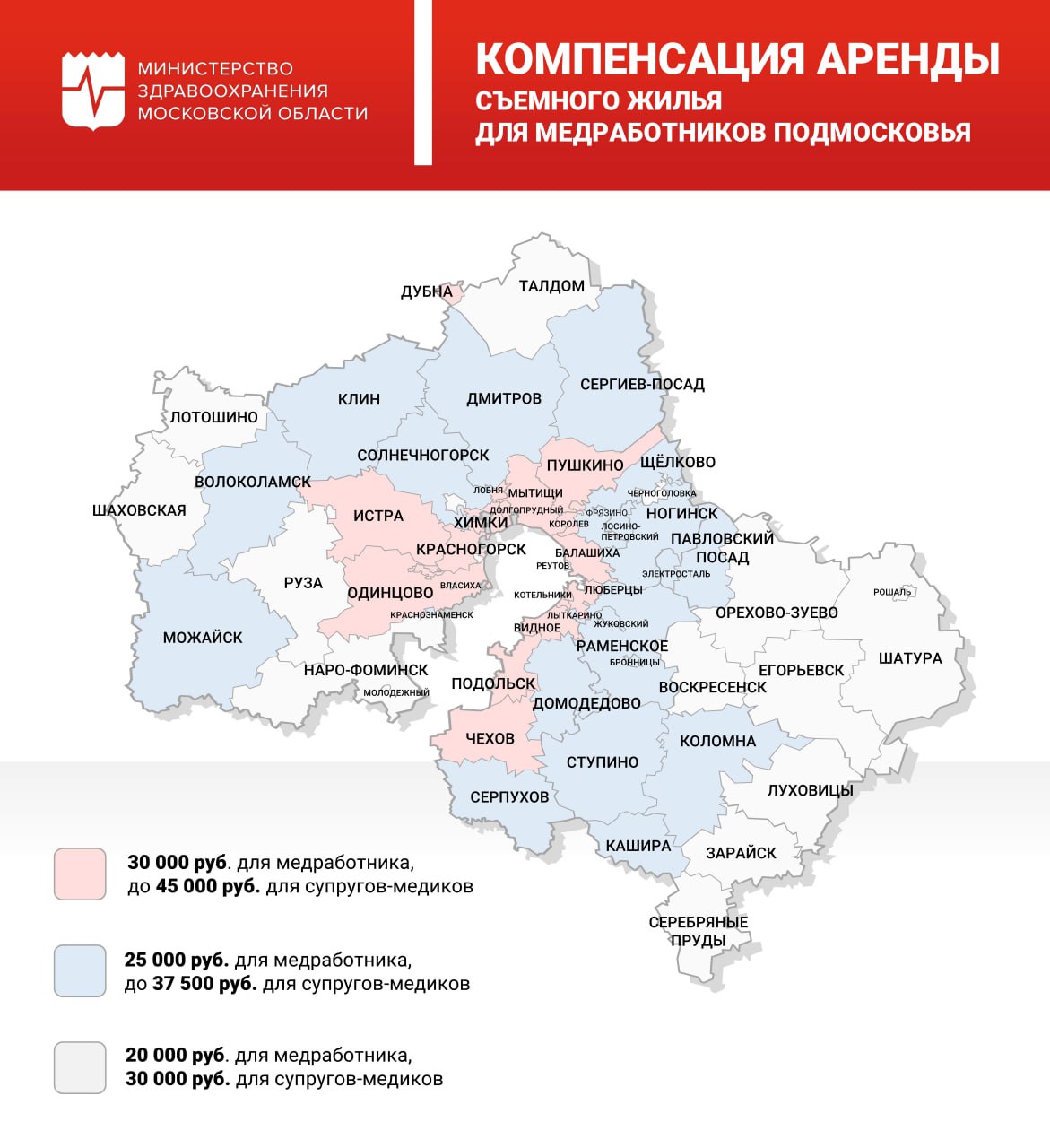 Увеличиваем размер выплаты за аренду жилья для медработников в Подмосковье.   Это самая популярная мера социальной поддержки у наших медиков, поэтому мы продолжаем её активно развивать. С этого года добавили возможность воспользоваться ею заведующим структурными подразделениями и заведующим ФАПами.  Теперь меняем и размер выплаты. Мы проанализировали среднюю стоимость аренды квартир в регионе и выделили 3 группы городских округов: в части из них размер компенсации остался прежним, в некоторых округах вырос в 1,25 раза, в других — в 1,5 раза.   Максимальная ежемесячная выплата теперь составляет 30 000 рублей, если ей пользуется один медицинский работник, и 45 000 рублей — для супружеской пары медработников.   Тем, кто уже получает данную меру поддержки, не нужно подавать никаких заявлений, размер компенсации будет проактивно увеличен. Если вы ещё не подавали заявление на получение выплаты, то сделать это можно здесь.