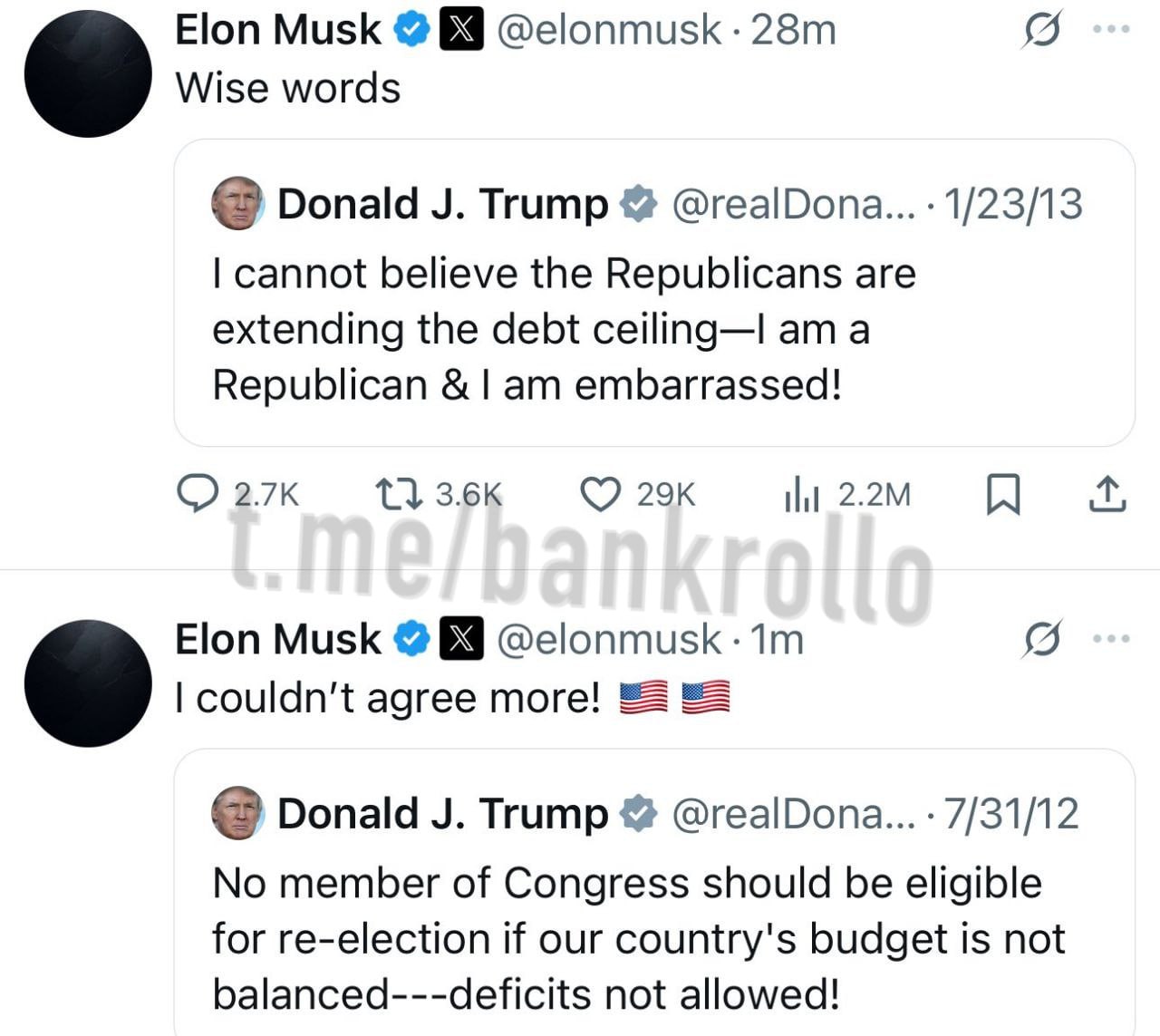 Маск в истерике язвительно комментирует каждый старый твит Трампа об американской экономике. Он заявил, что американский президент не смог бы выиграть выборы во второй раз без него, и назвал отношение Трампа к нему «неблагодарностью».