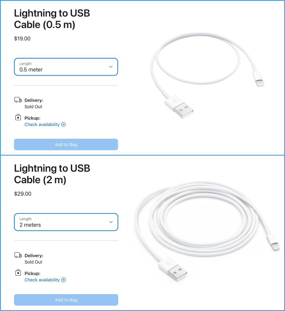 Также Apple, внезапно, прекращает продажи:  - кабеля Lightning to USB 0,5 и 2 метра - аудиокабеля Lightning to 3,5 mm  1,2 м , который использовался в том числе для iPod  версия чёрного цвета пока остаётся в наличии  - адаптеров Lightning/USB для камер  не путать с Lightning/USB3 для камер , Lightning/SD для чтения карт памяти, Lightning/VGA для внешних дисплеев  Наличие данных аксессуаров в магазинах Apple некоторых стран закончилось, хотя кое-где ещё может оставаться небольшой запас. Остальные аксессуары с Lightning пока остаются в наличии.