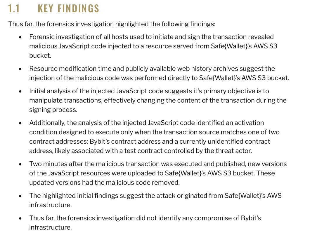 Отчет о расследовании взлома Bybit  Причина атаки - вредоносный код, который исходил из инфраструктуры Safe{Wallet}. Скорее всего, была утечка или взлом учетной записи AWS S3/CloudFront или API-ключа, принадлежащего Safe Global.     Инфраструктура Bybit не была скомпрометирована, следов взлома внутри биржи не обнаружено  Заявление Safe:  Смарт-контракты Safe не пострадали  Взлом произошел через заражение компьютера одного из разработчиков Safe{Wallet}  В результате был скомпрометирован аккаунт, управляемый Bybit  Safe{Wallet} уже внедрил дополнительные меры безопасности, чтобы предотвратить подобные атаки в будущем  Суть:  Хакеры из группировки Lazarus получили доступ к AWS-инфраструктуре Safe и использовали ее для развертывания вредоносного JavaScript-кода  Цель атаки - холодный кошелек Bybit с мультиподписью  Зловредный код был запрограммирован так, чтобы активироваться во время следующей транзакции Bybit    У CZ этот отчет вызвал больше вопросов, чем ответов   читать    Bybit         YouTube   Trading     VIP club   Первый хомячий подпишись