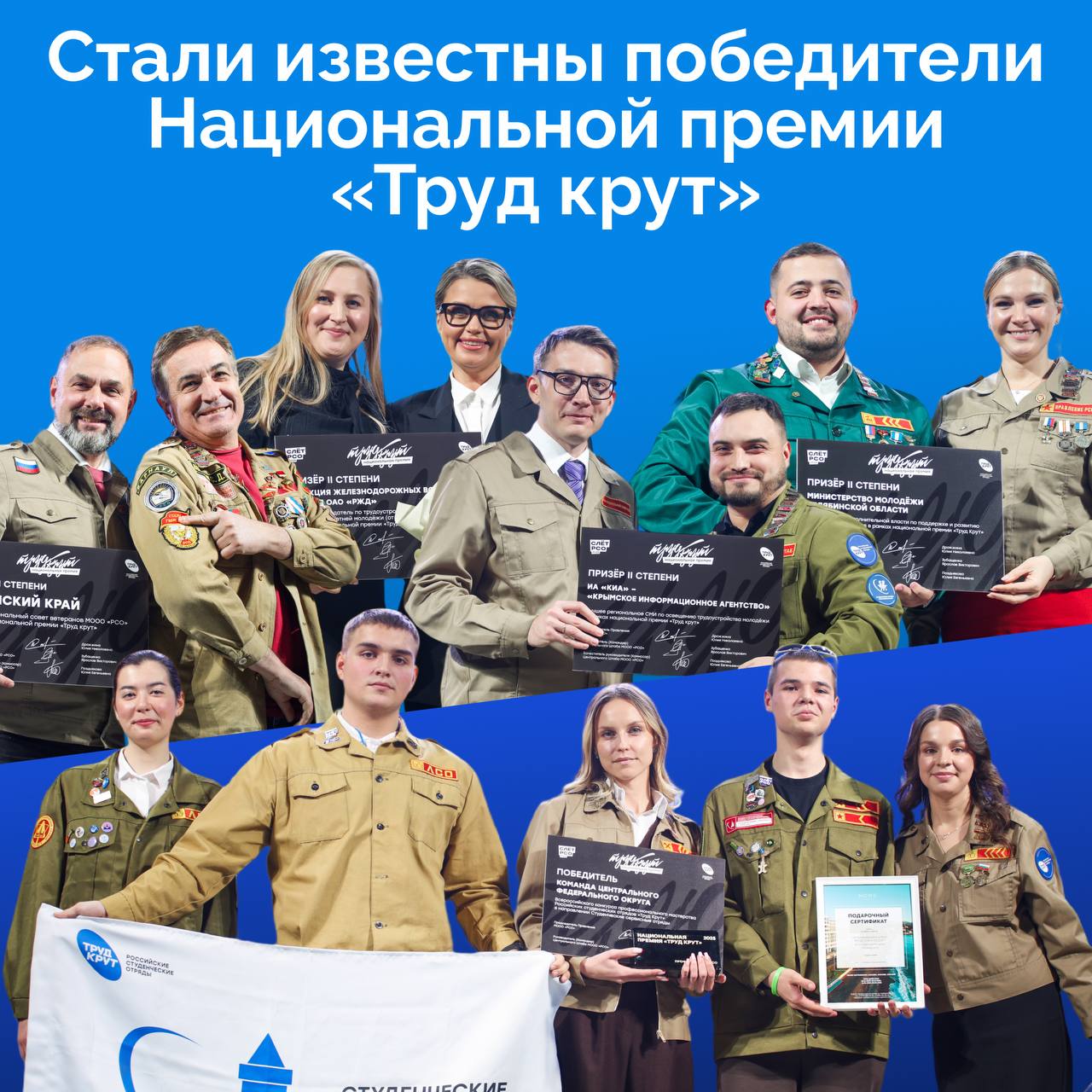 Итоги Национальной премии Труд крут призванной отметить лучшие практики в сфере поддержки молодежной занятости подвели в Красноярске Победителей в 11 номинациях наградили 14 ноября во время Всероссийского слета студенческих отрядов который посвятили завершению 66 го трудового сезона На соискание премии поступило свыше 100 заявок Слет проходил с 13 по 16 ноября В нем участвовали более 3 000 молодых людей из 89 регионов страны а также гости из дружественных государств работодатели и партнеры Российских студенческих отрядов