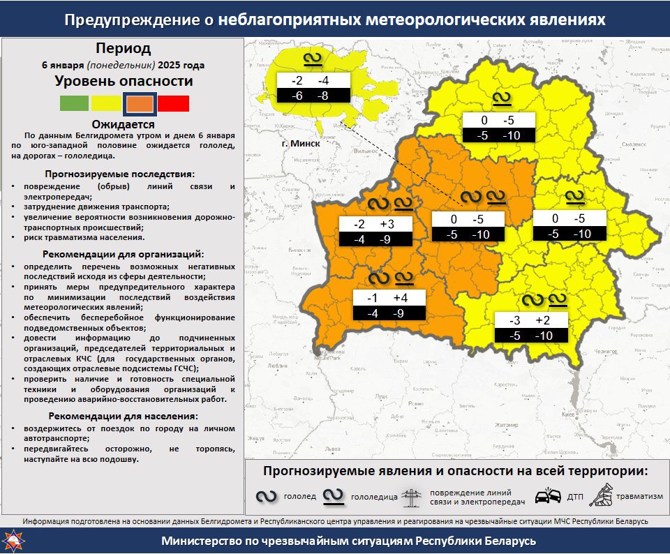 В Беларуси на 6 января объявлен оранжевый уровень опасности из-за гололеда