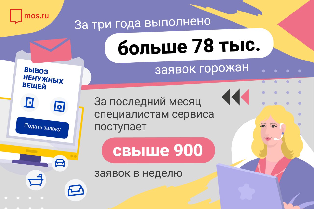 Сервису «Вывоз ненужных вещей» исполнилось 3 года!   За это время москвичи отправили на переработку или экологичную утилизацию больше 2,3 тыс. тонн вещей. Возможности сервиса постоянно расширяются, он становится еще удобнее.   «Оформить заявку на вывоз ненужных вещей можно буквально за несколько минут. Это может быть кухонный гарнитур, холодильник, пианино, новогодняя ёлка и даже автомобиль. За раз можно вывезти неограниченное количество предметов», - отметил Мэр Москвы Сергей Собянин.   Больше 85% сдаваемых на экологичную утилизацию вещей перерабатываются. Пластик может пойти на производство новой упаковки или уличной мебели, а металлический лом — на заборы и радиаторы отопления.