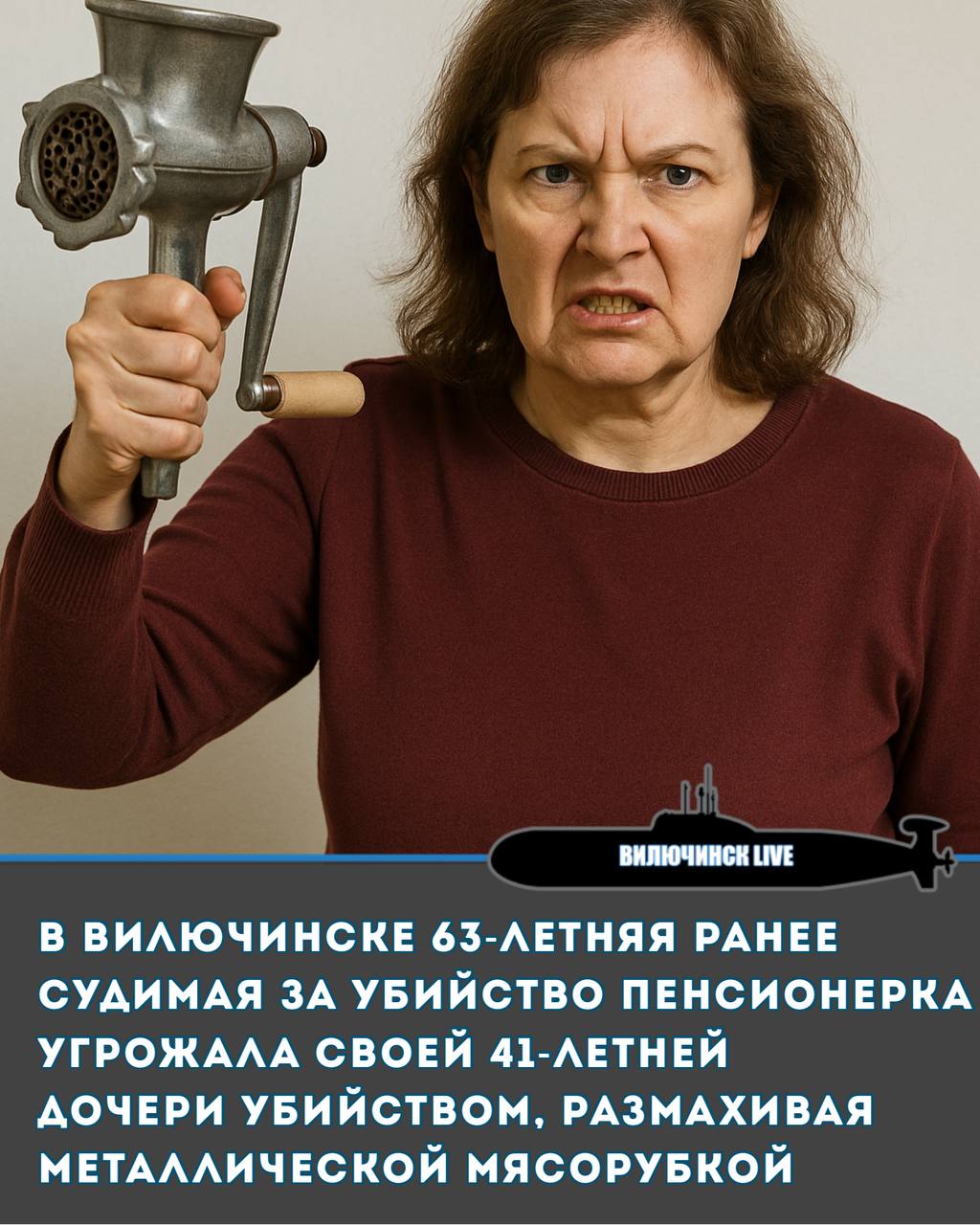 В Вилючинске 63-летняя ранее судимая за убийство пенсионерка угрожала своей 41-летней дочери убийством, размахивая металлической мясорубкой Инцидент произошёл в квартире в микрорайоне Северный. Напуганная женщина обратилась в полицию с заявлением. Установлено, что подозреваемая ранее неоднократно судима, в том числе за убийство. Оперативники изъяли мясорубку и возбудили уголовное дело. Есть интересный материал? Присылай нашему боту