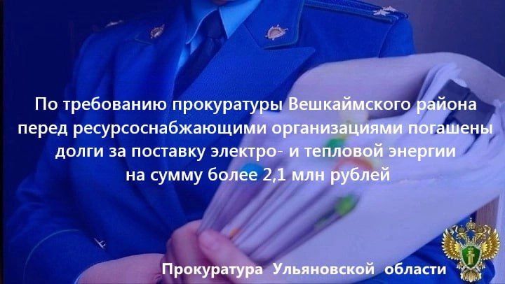 Прокуратура Вешкаймского района Ульяновской области провела проверку исполнения законодательства в сфере ЖКХ. Установлено, что, несмотря на выполнение ресурсоснабжающими организациями договорных обязательств на поставку электро- и тепловой энергии, ряд учреждений образования и культуры соответствующую оплату надлежащим образом не производили. Прокурор района внес руководителям названных учреждений представления об устранении нарушений закона. В результате прокурорского вмешательства задолженность за поставленные коммунальные ресурсы погашена на сумму более 2,1 млн рублей.