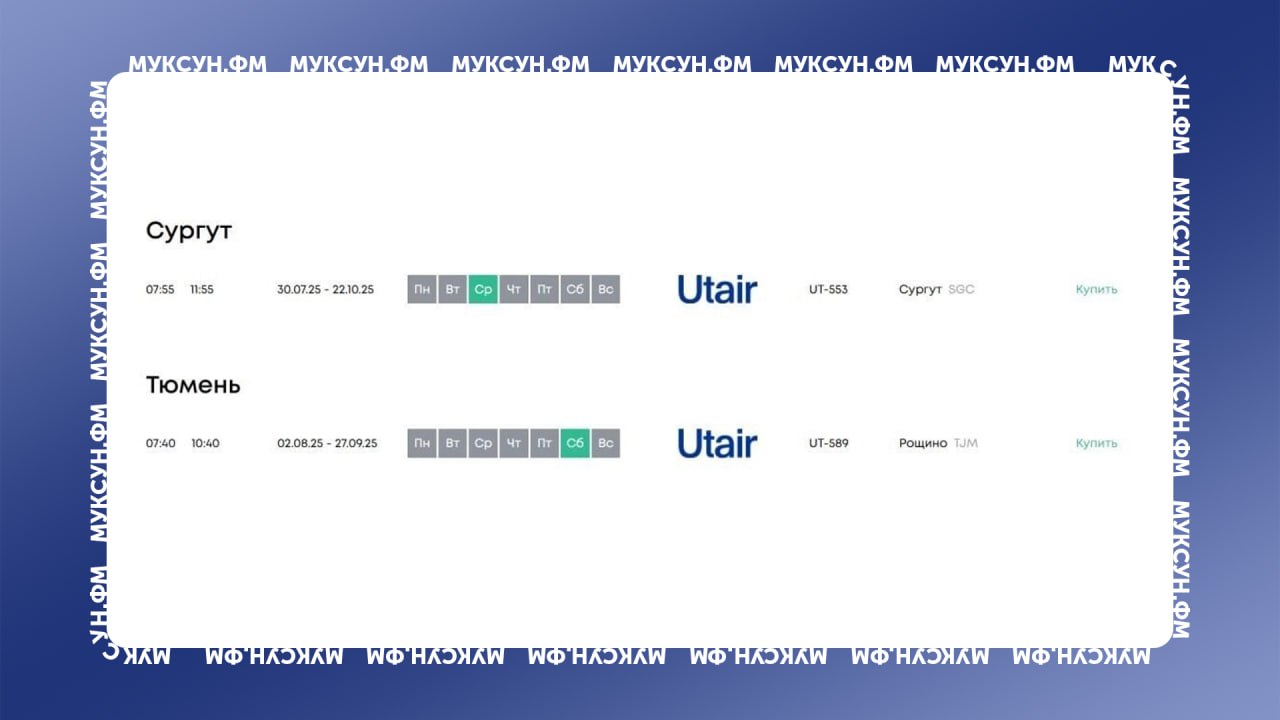 UTair будет летать из Сургута в Геленджик. Информация появилась на сайте южного города, где совсем недавно восстановил работу аэропорт. Судя по графику, летать самолет будет раз в неделю, по средам. Первый рейс назначен на 30 июля, а окончание полетов запланировано на конец октября. В самой авиакомпании «Муксуну» информацию о новом направлении не подтвердили, но и не опровергли. «Мы пока не комментируем эту информацию», – ответили в пресс-службе UTair. Есть что рассказать или показать? Создавай картину дня – предложи свою новость! 8 8 8