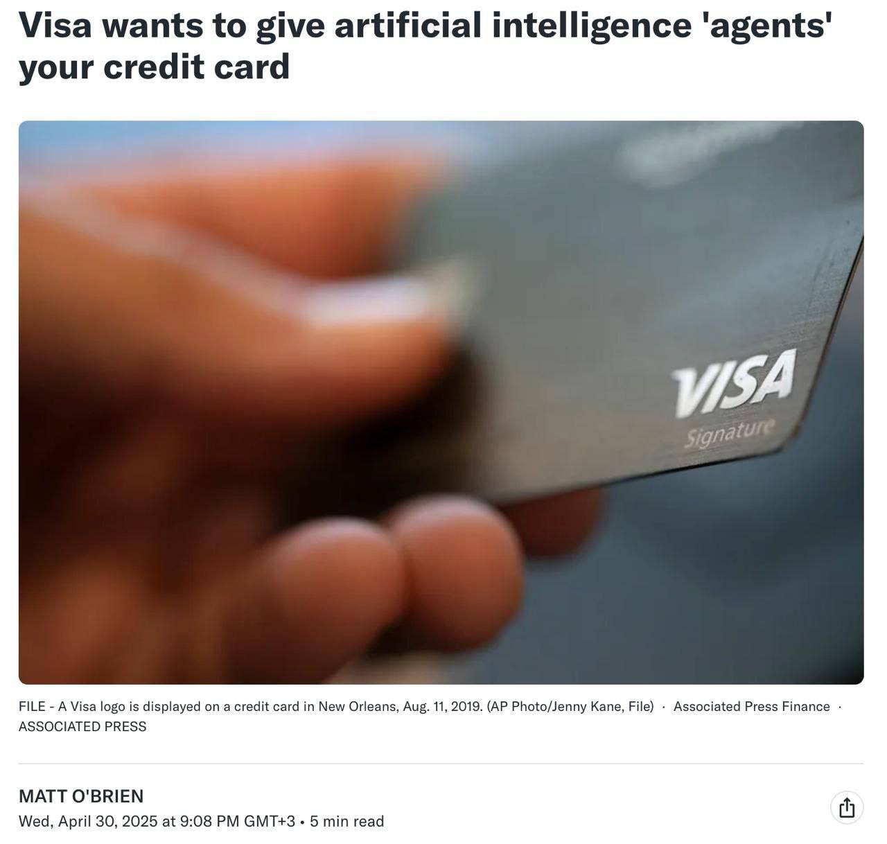 Visa планирует внедрить ИИ-ассистентов, которые получат доступ к банковским картам пользователей для выполнения различных покупок от их имени, сообщает АР. Пользователи смогут предоставить ИИ доступ к виртуальным картам с заранее установленными лимитами и предпочтениями. "Мы считаем, что это может стать значительным шагом вперед. Это трансформация, сопоставимая с возникновением электронной коммерции", — отмечает директор по продуктам и стратегии Visa Джек Форестелл.
