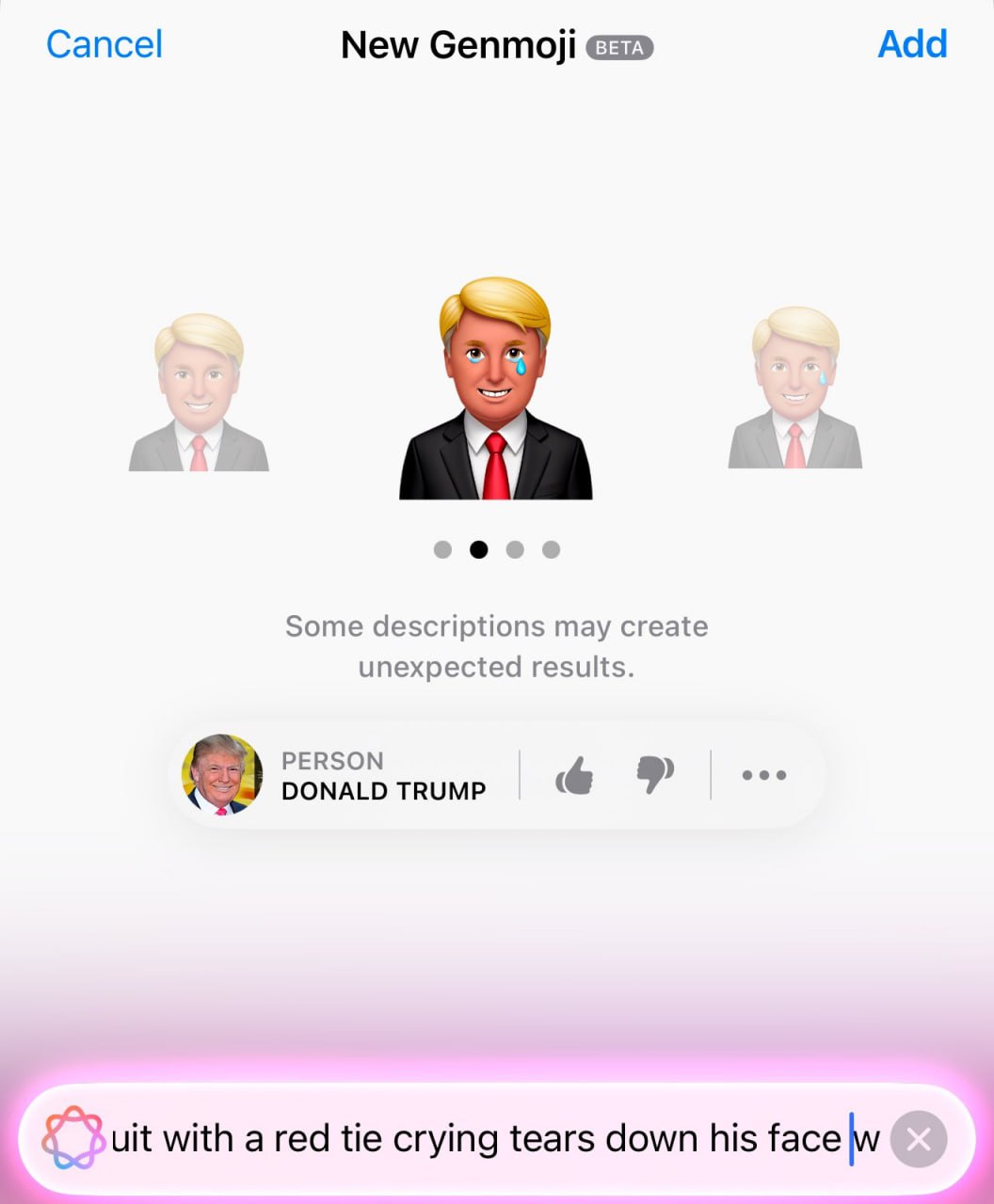 Тестеры iOS 18.2 начали играть с Genmoji — генератором эмодзи на базе искусственного интеллекта. Кот, кушающий пиццу, плачущий Трамп, Тони Сопрано — сгенерировать можно всё что угодно. Даже капибару!   Осталось узнать, можно ли изобразить в Genmoji Николая Василенко
