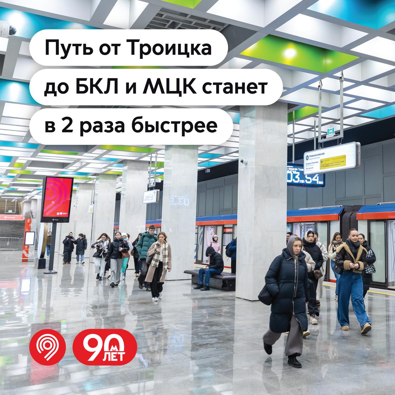 Жители Троицка смогут добираться до БКЛ в 2 раза быстрее после полного запуска Троицкой линии Благодаря полному запуску этой ветки у пассажиров появятся множество вариантов новых маршрутов При этом они будут экономить время в пути В частности жители Троицка и близлежащих поселений смогут за 35 минут добраться до Большой кольцевой линии метро а путь до Московского центрального кольца у них займет 45 минут что вдвое быстрее чем сейчас Помимо этого полный запуск Троицкой линии на 20 разгрузит южные участки Бутовской Калужско Рижской и Сокольнической линий Плюс ко всему свободнее будет и на соседних автострадах и шоссе