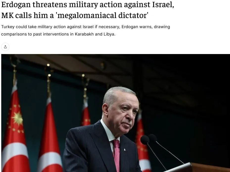 Глава Турции пригрозил Израилю войной утверждает The Jerusalem Post Причиной могут стать действия Израиля в Ливане в результате которых свыше 1 2 млн ливанцев покинули дома Мы должны быть сильными чтобы помешать Израилю сделать это с Палестиной Так же как мы вошли в Ливию и Карабах мы можем войти в Израиль Ничто не мешает нам это сделать заявил Реджеп Эрдоган В ответ на это министр по делам культурного наследия Израиля Амихай Элияху назвал Эрдогана мегаломанским диктатором с империалистическими амбициями который видит себя османским султаном будучи не более чем жалким тираном страны с разрушающейся экономикой Читать SputnikТj в MAX