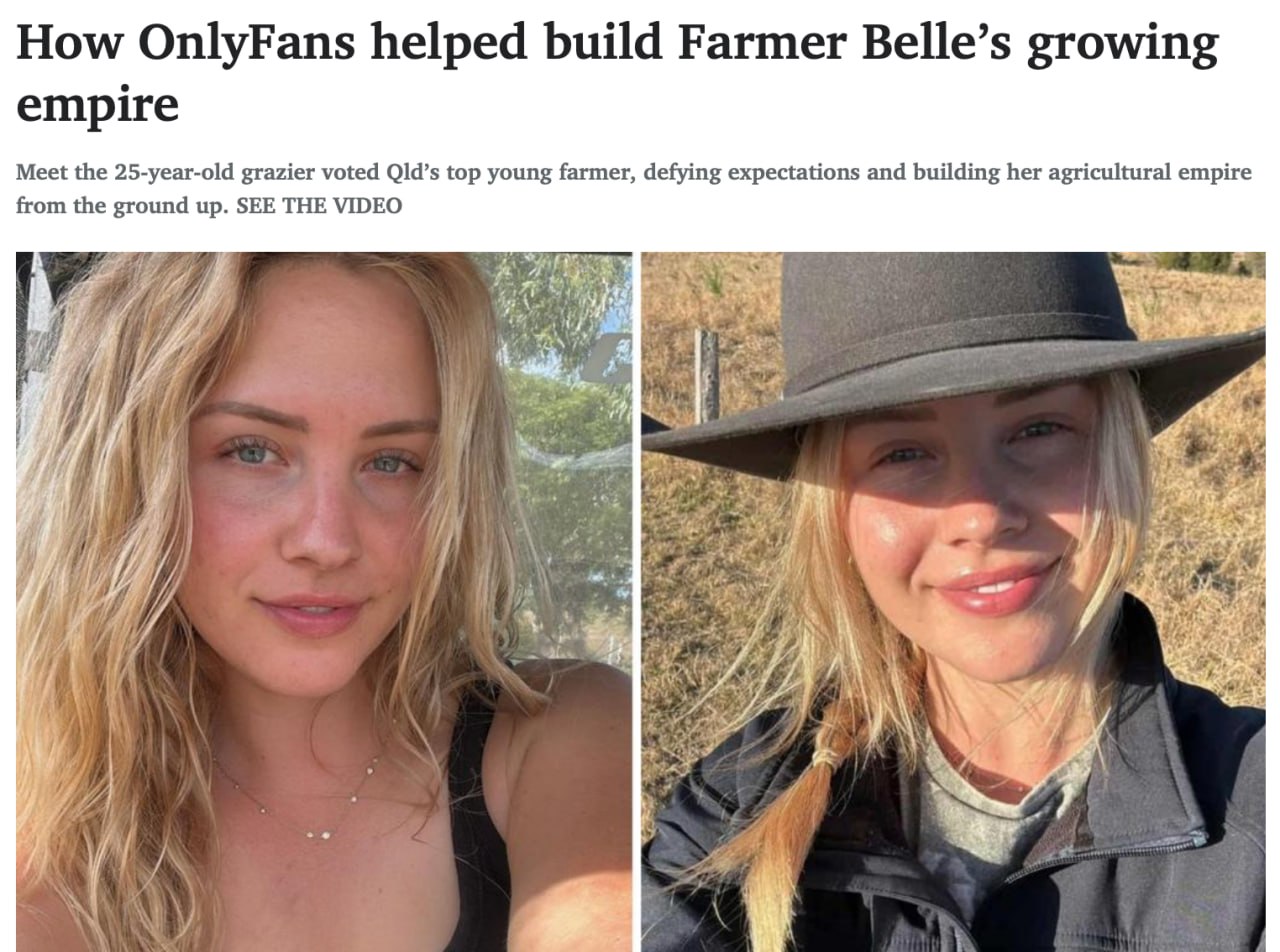 Модель OnlyFans из Австралии выгорела и занялась разведением коров Так она решила потратить состояние которое принес контент для взрослых За три года 25 летняя Белль заработала на OnlyFans несколько миллионов долларов Теперь она каждый день работает на ферме и даже выиграла в конкурсе Лучшие молодые фермеры 2025 Она выбрала быть счастливой