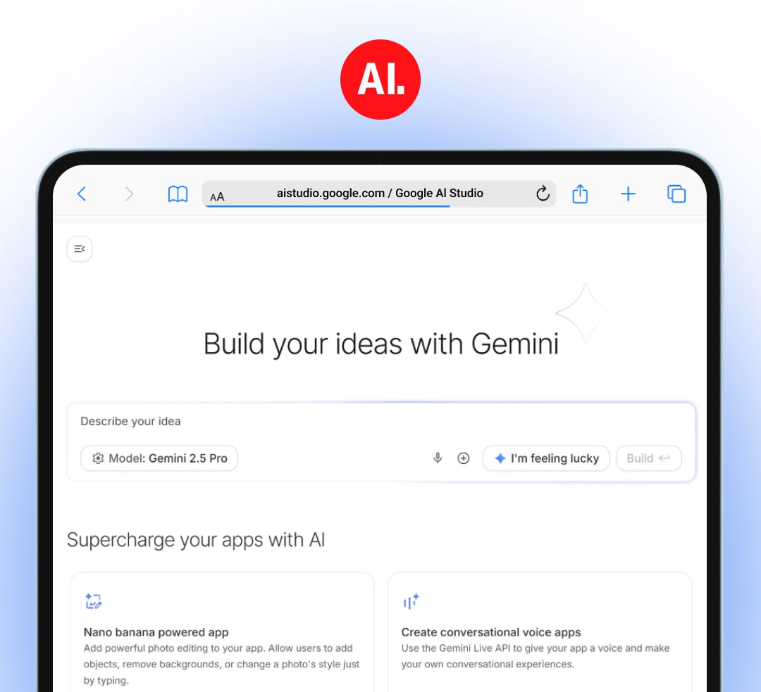Google AI Studio превратили в бесплатного конкурента Lovable Bolt и других вайб код платформ Теперь сервис может создавать полноценные веб приложения по запросу которые можно дорабатывать и просматривать прямо в браузере Работает бесплатно на базе флагманской Gemini 2 5 Pro также ИИ сервисы можно сразу интегрировать в свой проект В качестве бонуса есть режим Мне повезет придумывающий случайную идею для приложения Попробовать можно здесь