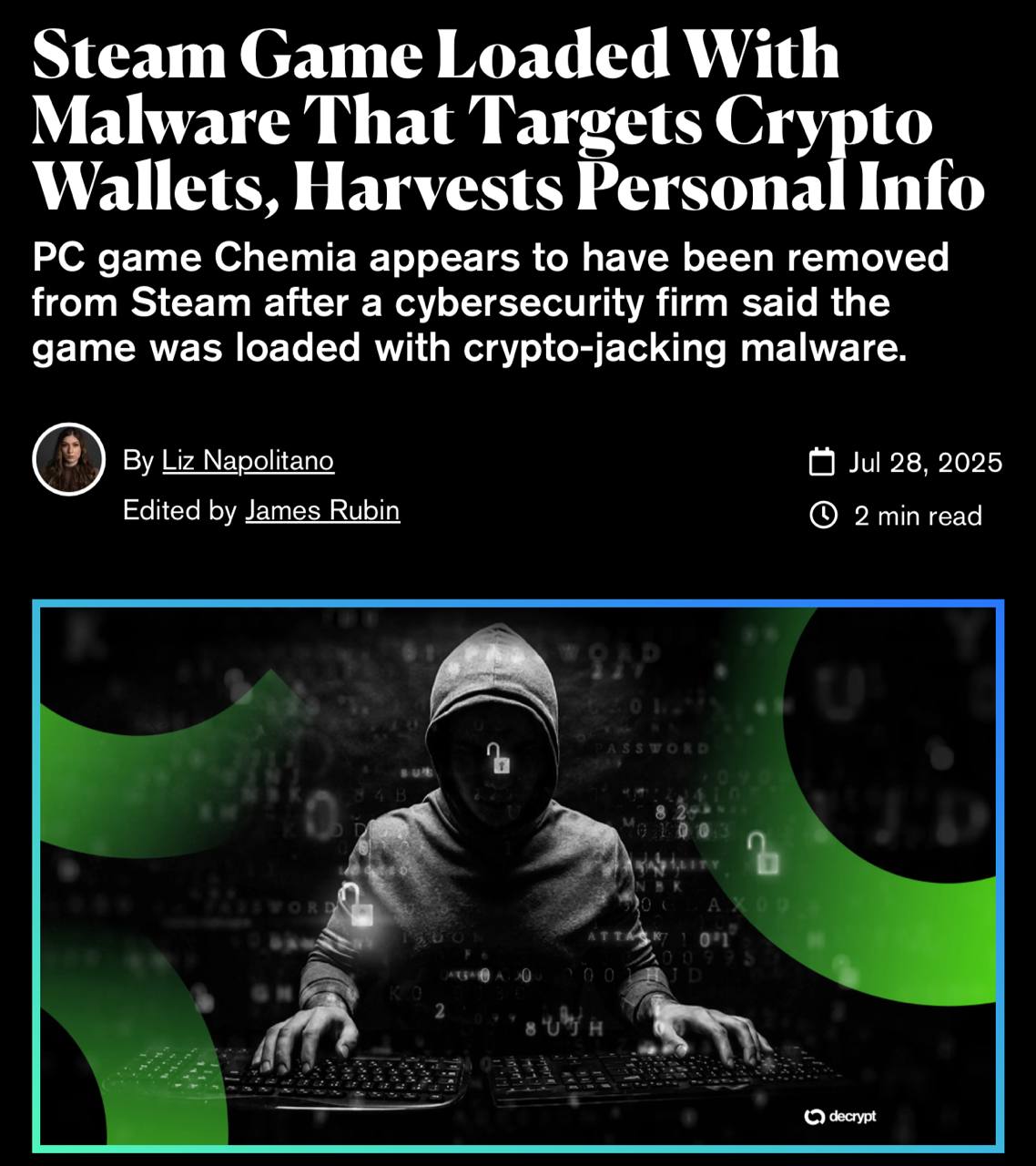 Хакеры используют игры на Steam для кражи криптовалюты.  Игра Chemia была заражена вредоносным программным обеспечением, которое похищает данные пользователей и seed-фразы от криптокошельков.  — За этой атакой стоит группа киберпреступников под названием EncryptHub  Larva-208 .  — В игру были внедрены три типа вирусов: Hijack Loader, Fickle Stealer и Vidar Stealer.  — Это ПО собирало данные из браузеров, менеджеров паролей и криптокошельков  включая MetaMask и другие .  Steam уже удалил игру с платформы.  Это не первый случай — ранее вредоносные программы были обнаружены в играх Sniper: Phantom’s Resolution и PirateFi.    Торгуй с умом на бирже - Bitget