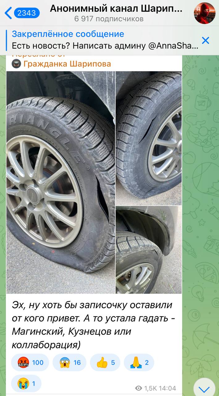 Известной в Находке журналисту Анне Шариповой - сегодня неизвестные лица порезали колёса на автомобиле. Кто и зачем совершил уголовное преступление согласно УК РФ Статья 167. "Умышленные уничтожение или повреждение имущества" - установит ОМВД России по городу Находка. А на данный момент все желающие могут посильно помочь Анне собрать средства на новую авторезину посредством перевода на реквизиты: 89249453353 Анна Рефхатовна Ш., Сбербанк Буду благодарна любой помощи, потому что колеса сейчас стоят тысяч 15. 89249453353 Анна Рефхатовна, Сбербанк. Много не надо. По силам - пишет в своём ТГ-канале Анна.