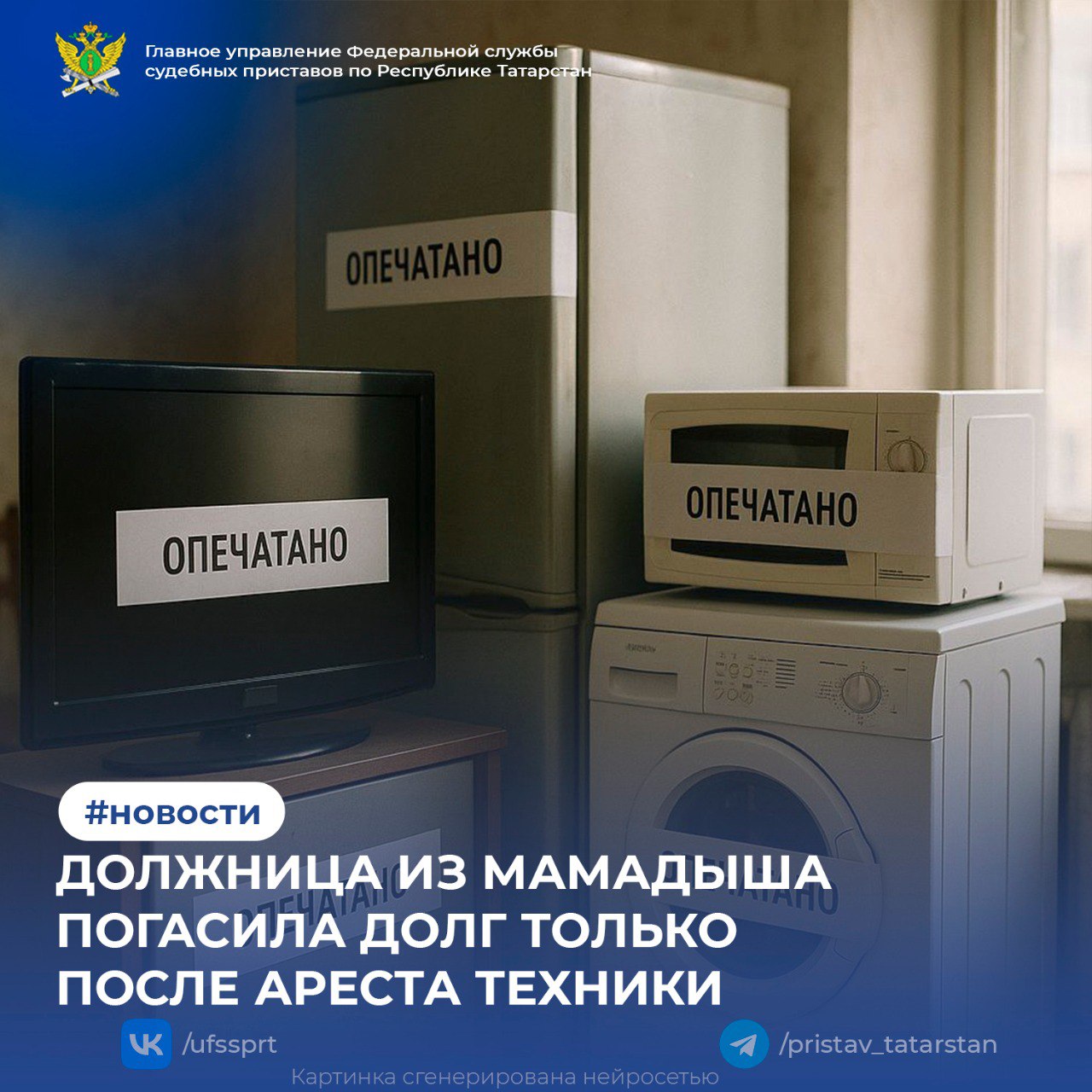  Судебные приставы Мамадышского районного отделения завершили три исполнительных производства в отношении местной жительницы, которая длительное время уклонялась от погашения долга в 40 тысяч рублей. ⏺Должница не проживала по месту регистрации, а её родители, с которыми удалось связаться, не сообщали о её местонахождении. Несмотря на неоднократные требования явиться в отделение, женщина игнорировала решения суда. В результате приставы арестовали бытовую технику в доме: телевизор, холодильник, микроволновую печь и стиральную машину. Имущество оставили на ответственное хранение под роспись. Меры подействовали — уже через несколько дней должница полностью погасила долг. После поступления денег исполнительные производства были завершены. 1 2 3 4 6 7