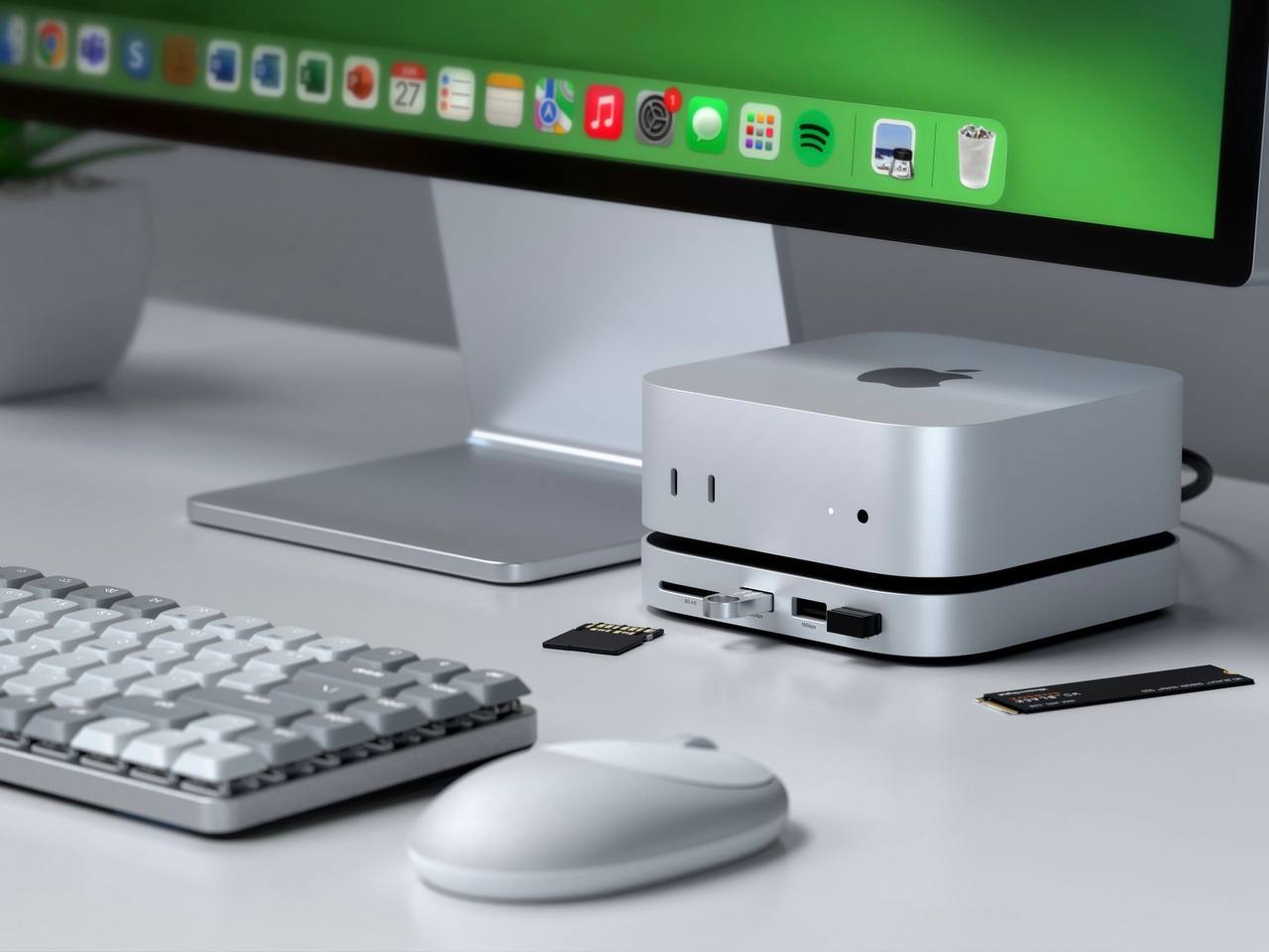 Satechi анонсировала первый USB-хаб специально под корпус Mac mini  M4   Хаб выполнен из алюминия и повторяет площадь и цвет корпуса нового Mac mini. Он оснащён следующим набором портов:  • два USB-A 3.1 Gen 2  до 10 Гбит/с ; • один USB-A 2.0; • картридер SD 4.0; • интерфейс подключения M.2 внутри корпуса для SSD объёмом до 4 ТБ с пропускной способностью до 10 Гбит/с.  Цена пока неизвестна. Старт продаж намечен только на весну 2025 года.