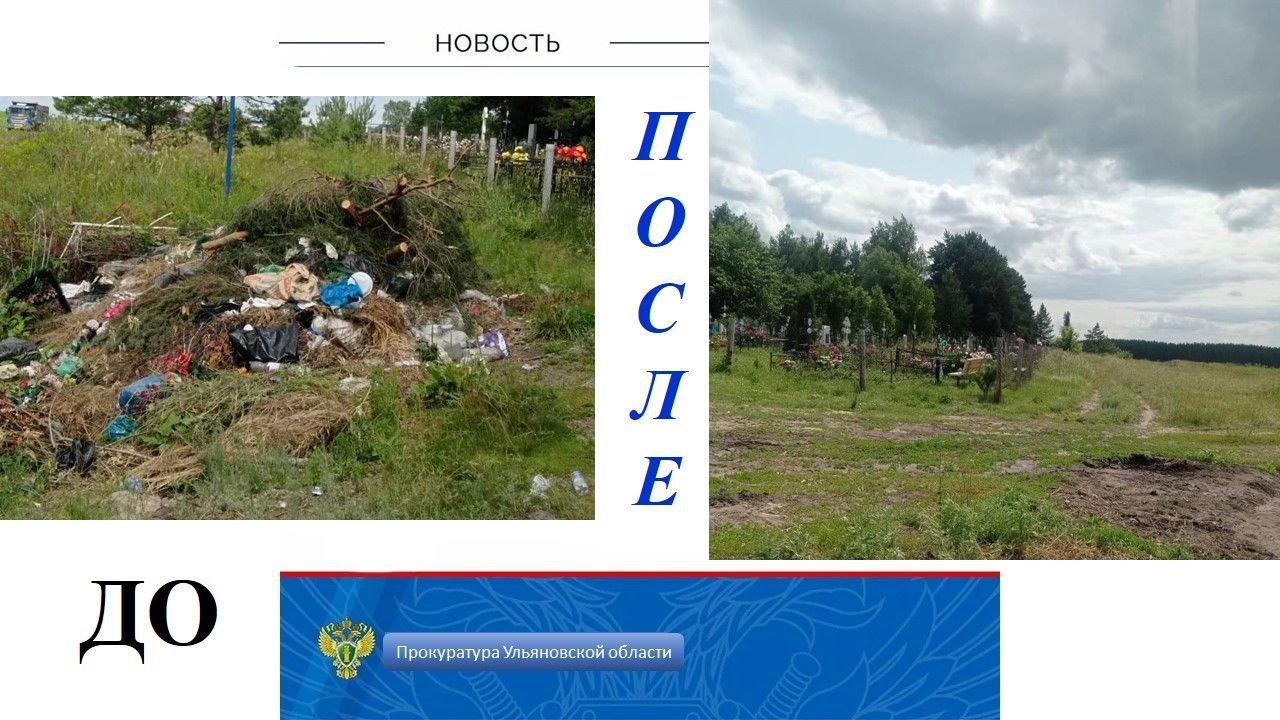 По требованию прокуратуры Ульяновского района ликвидирована свалка мусора в поселке Большие Ключищи Прокуратура Ульяновского района провела проверку исполнения законодательства о санитарно-эпидемиологическом благополучии населения. Установлено, что администрация МО «Ульяновский район» не принимала мер к устранению несанкционированно складированных на территории кладбища в поселке Большие Ключищи твердых коммунальных отходов. Подобное бездействие повлекло ущемление интересов граждан и угрозу причинения вреда экологии, что послужило основанием для внесения представления об устранении нарушений закона. В результате прокурорского вмешательства указанная свалка мусора ликвидирована.