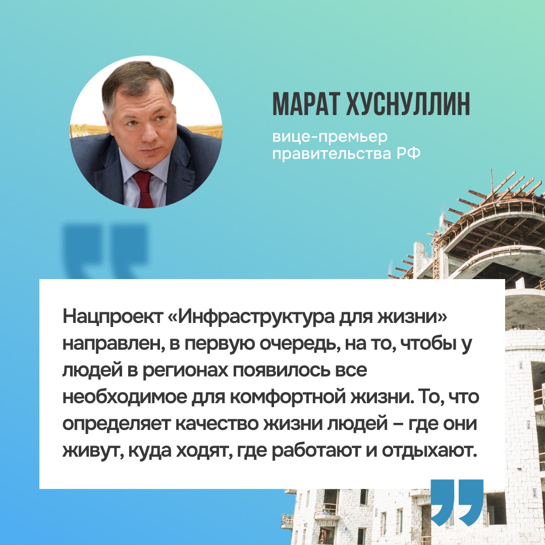 нацпроект На заседании президиума Правительственной комиссии по региональному развитию вице премьер Марат Хуснуллин подвёл итоги работы стройотрасли и обозначил планы на будущее Он отметил что в России завершается первый год реализации нового нацпроекта Инфраструктура для жизни который стал главным вектором работы на ближайшие 6 лет Среди основных направлений дальнейшей работы по которым нужно усилить работу зампред выделил модернизацию ЖКХ развитие опорных населённых пунктов увеличение градостроительного потенциала обновление дорожной сети Напомним в 2025 г в Красноярском крае построили более 1 млн 300 тыс кв м жилья Заключено 29 договоров о комплексном развитии территорий их суммарный градостроительный потенциал составляет более 4 млн кв м В 2026 г в шести муниципалитетах края пройдет модернизация объектов коммунальной инфраструктуры на сумму свыше 1 млрд руб В 2025 г по программам нацпроекта благоустроено 37 общественных территорий в следующем году обустроят ещё 36