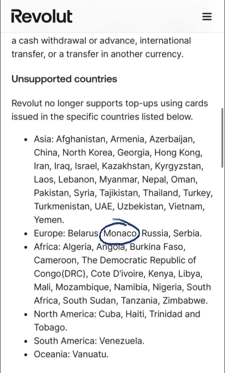 Монако в черном списке Revolut Два клиента Revolut проживающие во Франции получили от необанка письмо в котором Revolut уведомил их о невозможности зачислять деньги на счет с карт выпущенных банками 52 стран В частности речь идет о странах массовой релокации россиян после 2022 года Армении Азербайджане Грузии Казахстане Кыргызстане Узбекистане Турции ОАЭ Сербии Израиле а также Монако   Обновляем историю здесь oninvest media