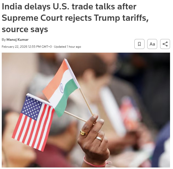 Индия приостановила торговые обсуждения с США после того как Верховный суд отменил тарифы введённые Трампом сообщает Reuters Представительная группа планировала поехать в Вашингтон для переговоров о временном соглашении однако визит решили отложить из за неопределённости в вопросе пошлин Дата новой встречи пока не определена