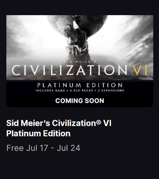 Civilization VI: Platinum Edition бесплатно раздают в Epic Games Store с 17 по 24 июля.  Это глобальная пошаговая стратегия, где игроки строят и развивают собственную цивилизацию: исследуют технологии, заключают союзы, ведут войны и стремятся к мировому господству. В издание входят все основные DLC и дополнения — отличный повод забрать, если ещё не играли.  Забрать  Epic Games Store