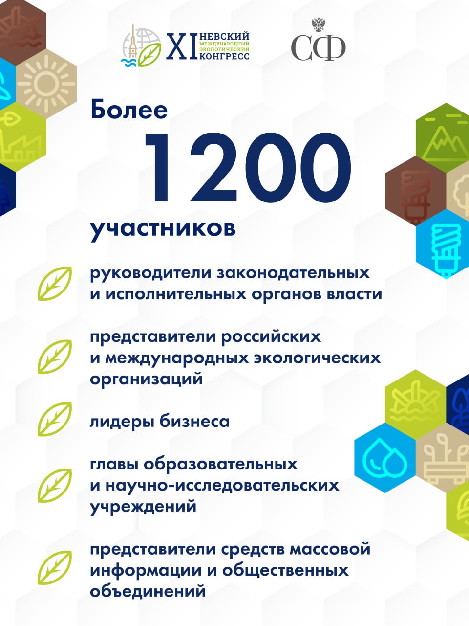 22-23 мая в Санкт-Петербурге пройдёт XI Невский международный экологический конгресс Ключевым мероприятием станет пленарное заседание «Экология новой реальности: вызовы и возможности», которое проведёт Председатель Совета Федерации, Председатель Совета Межпарламентской Ассамблеи государств — участников СНГ Валентина Матвиенко. Деловая программа также включает тематические сессии, экспозицию экологических проектов федерального и регионального значения, а также экологические акции, объединённые главной идеей, которая отражена в девизе Конгресса «Планета Земля: гармония человека и природы». На сессии «Все для природы: искусственный интеллект и высокие технологии» отечественные и зарубежные компании обменяются опытом внедрения биотехнологий, робототехники, информационных систем и искусственного интеллекта, а также обсудят вопросы подготовки кадров. Дискуссия сессии «Устойчивое развитие БРИКС: как экологические проекты меняют мир к лучшему» будет построена вокруг возможностей подготовки и реализации многосторонних и двусторонних проектов в рамках природоохранного трека БРИКС. Тема межгосударственного сотрудничества также будет поднята в рамках обсуждения экосистемы Каспийского моря с участием федеральных и региональных органов власти России и каспийских государств. В ходе заседания комиссии Государственного совета РФ по направлению «Экологическое благополучие» будут обсуждаться вопросы социально-экономического развития регионов, реализации Федеральной научно-технической программы в области экологического развития. Организаторами Невского международного экологического конгресса выступают Правительство РФ, Совет Федерации, Министерство природных ресурсов и экологии РФ и МПА СНГ.